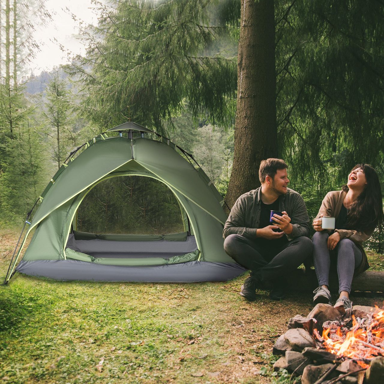 Outsunny Doppelzelt Campingzelt Outdoorzelt Familienzelt Quick-Up-Zelt 2 Erwachsene   1 Kind 4 Jahreszeiten wasserdicht Tragetasche 2 Türen Polyester   Glasfaser Dunkelgrün 210 x 210 x 140 cm