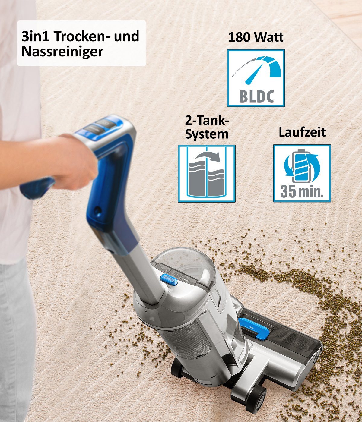 Genius Nass-Trocken-Akkusauger INVICTUS WD7 Akku Staubsauger Nasssauger mit Wischfunktion, beutellos, selbststehend, Selbstreinigung