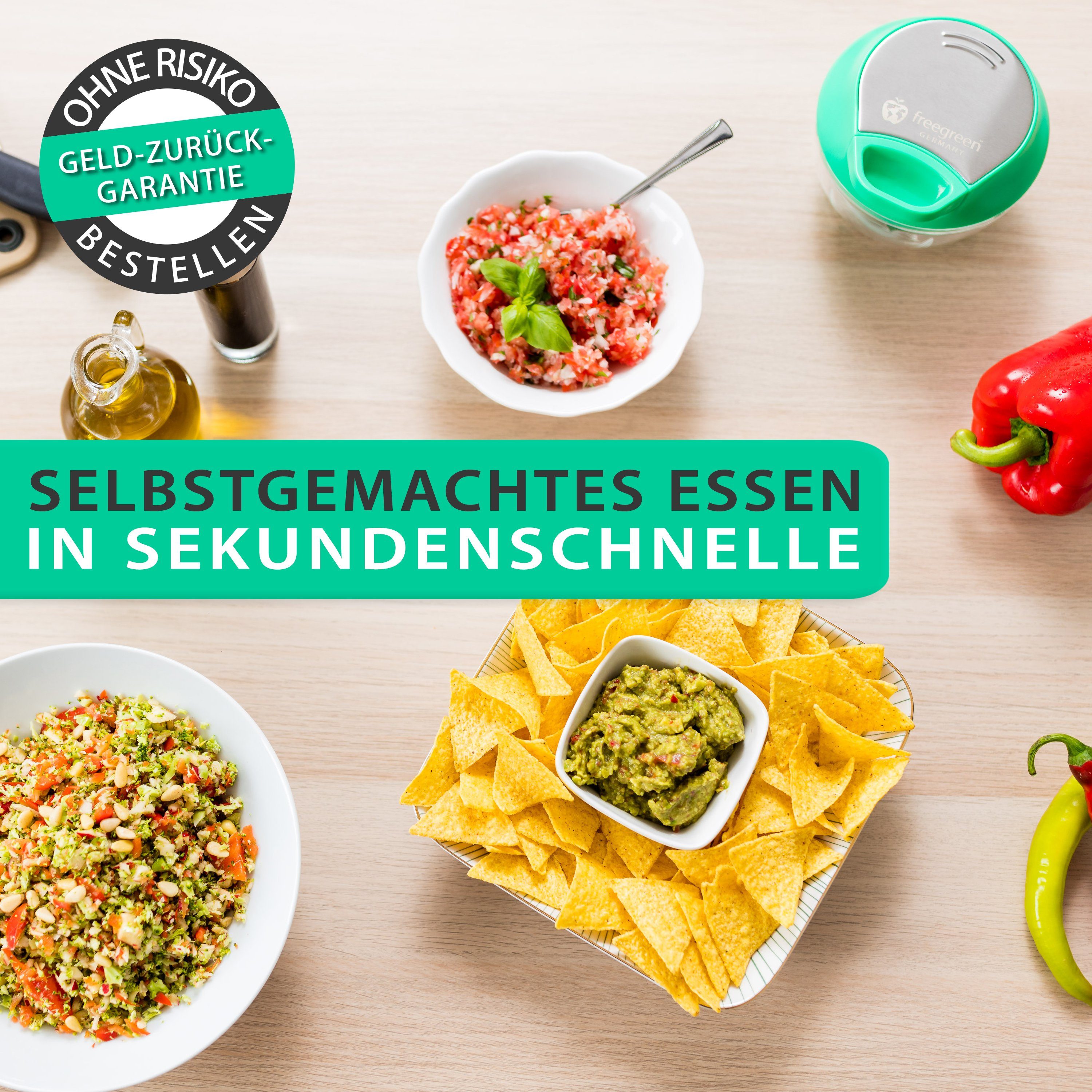 freegreen® Zwiebelhacker 540 ml, Multi-Zerkleinerer I Zwiebelschneider I Universalzerkleinerer, Edelstahl Gemüseschneider mit Mixer-Einsatz und Frischhaltedeckel