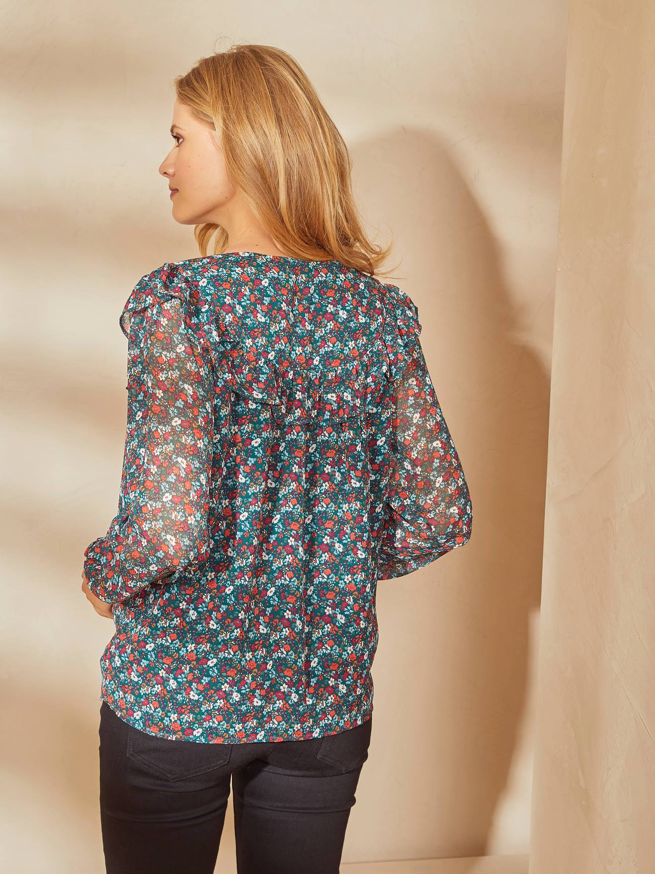 Blouse en crêpe fleuri grossesse et allaitement vert aop