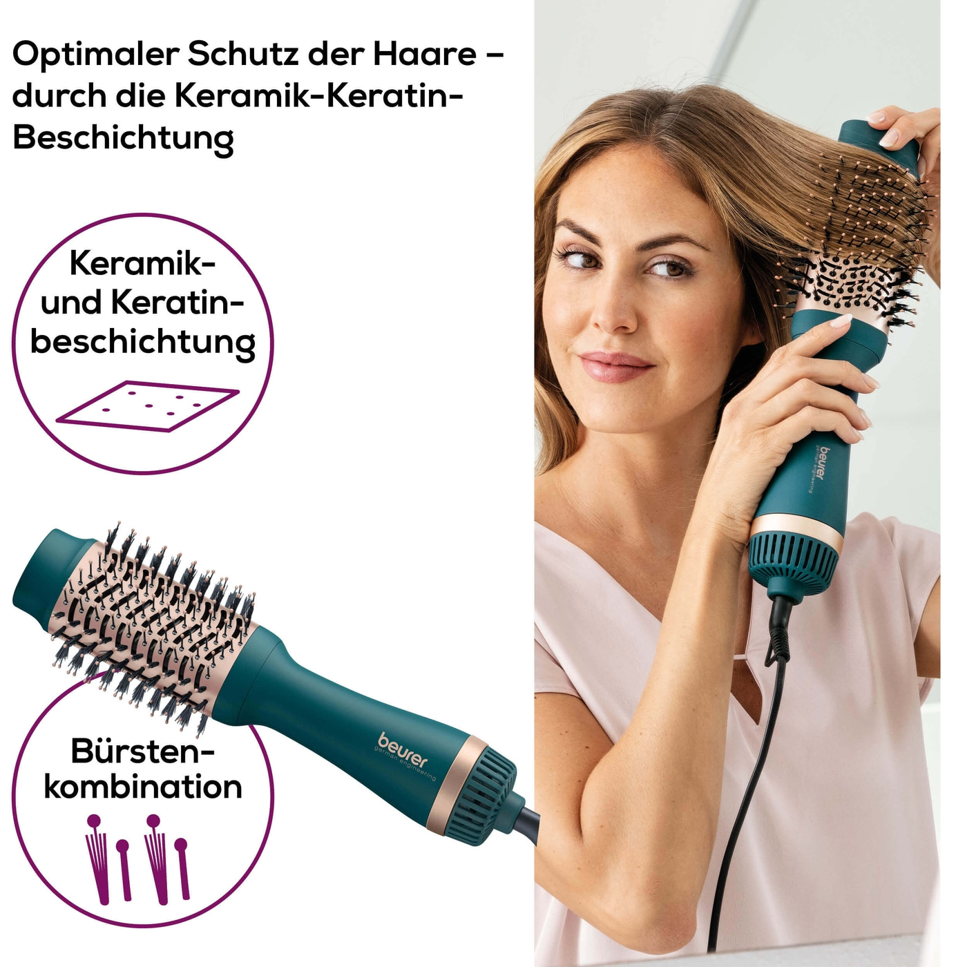 Beurer 2-in-1 Volumen- & Haartrocknungsbürste HC 45 Ocean-Ovale Styling- & Warmluftbürste mit Ionen-Technology