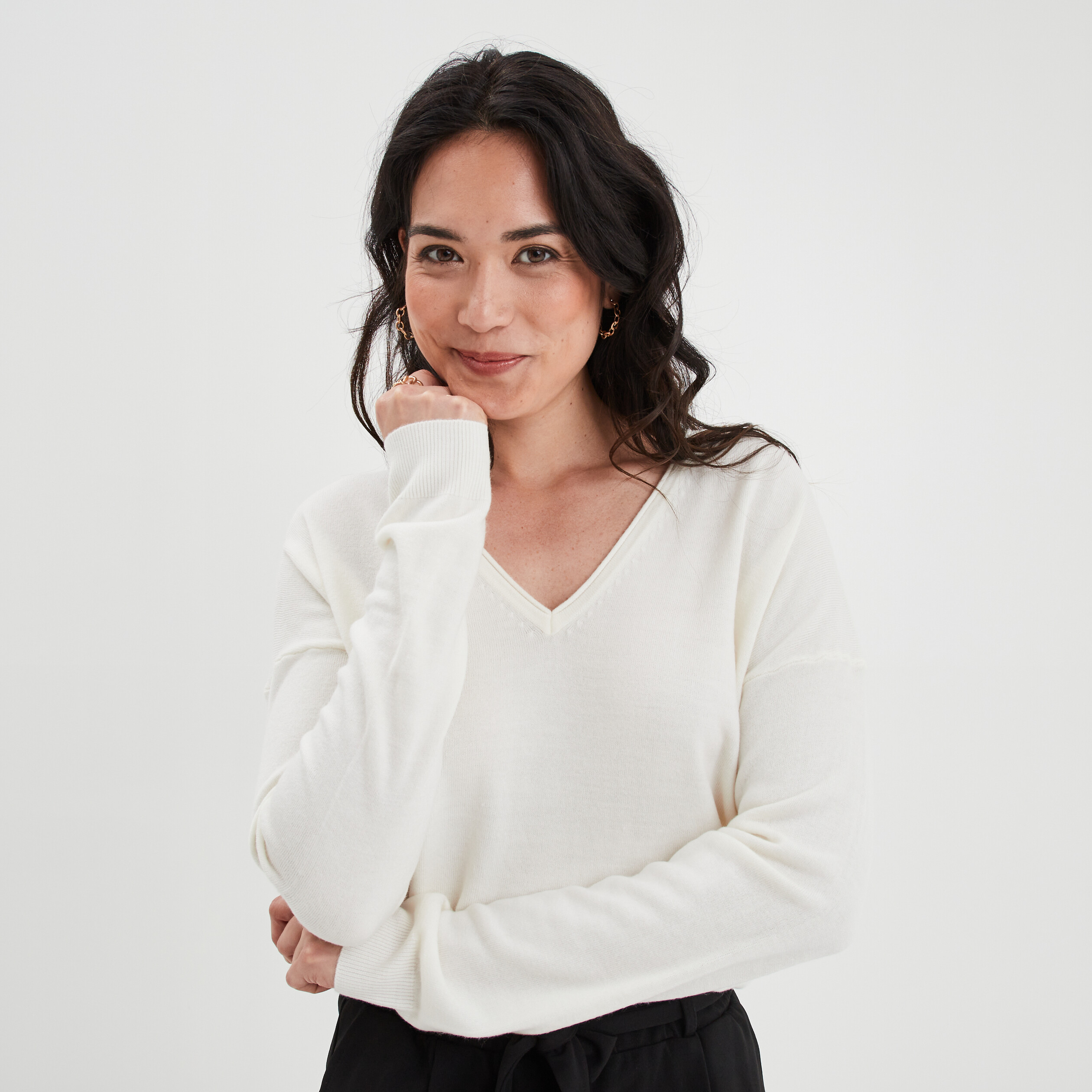 Pull col en V manches longues blanc femme | La Halle
