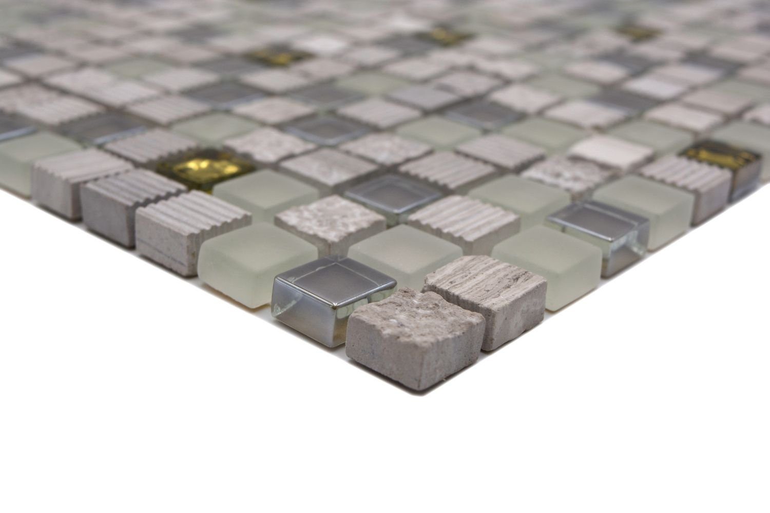 Mosani Mosaikfliesen Glasmosaik Naturstein Mosaik hellgrau gold matt / 10 Matten