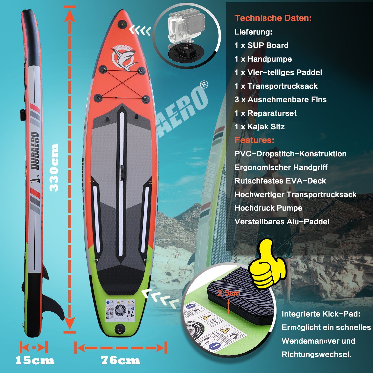 DURAERO Inflatable SUP-Board Stand up paddle Board, Action-Cam Halterung, 330x76x15cm, bis 150kg
