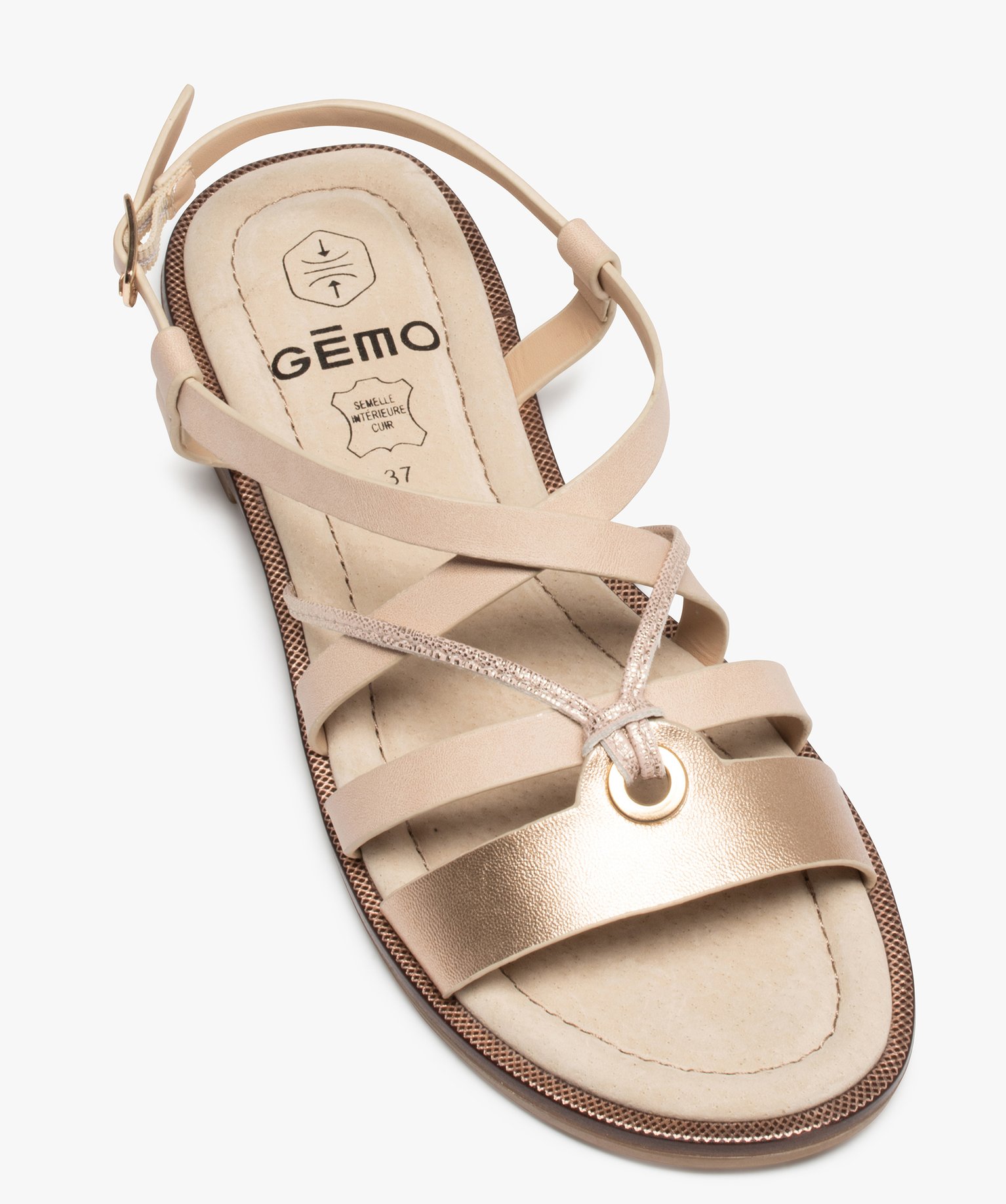 Sandales femme à talon plat et brides métallisées rose | GEMO