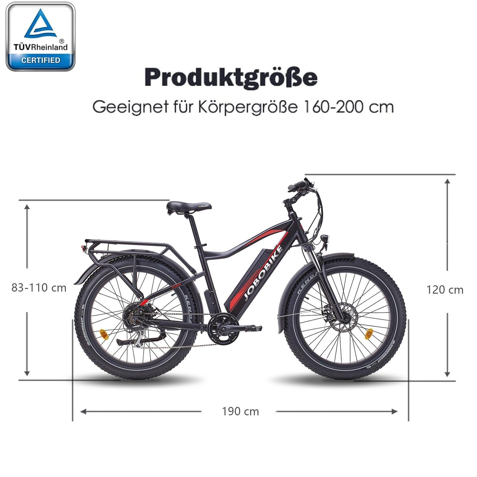 JOBOBIKE E-Bike Robin-Fahren im Winter! Alle-Gelände-Fatreifen, hoher/niedriger Rahmen, 7 Gang Shimano Acera Schaltwerk, Kettenschaltung, Heckmotor, 672,00 Wh Akku, (26 Zoll Damen/ Herren Mountainbike-Citybike mit Zubehör, 2 tlg., Mit Gepäckträger),