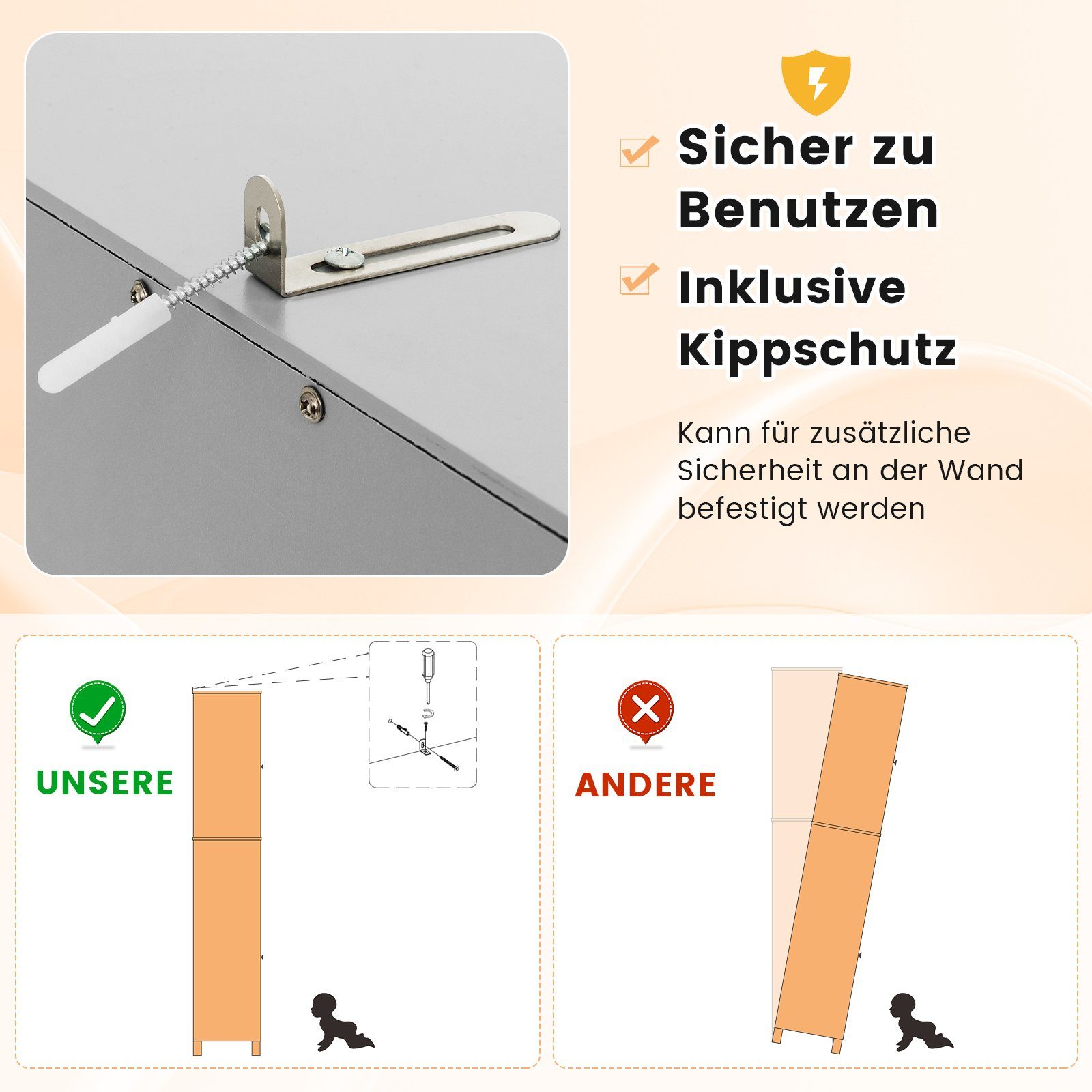 COSTWAY Hochschrank Bad, mit Schublade, 4 Fächern & Glastür, schmal, Holz, 170cm