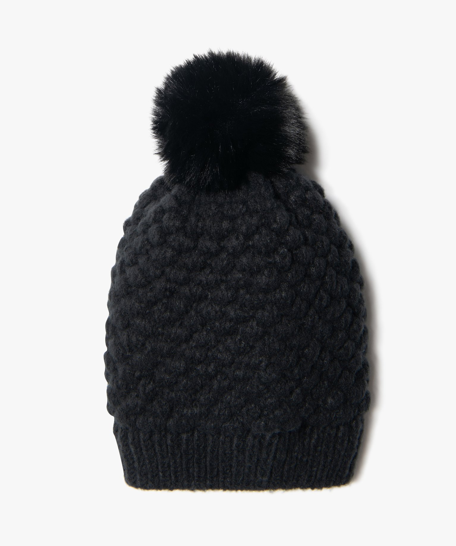 Bonnet femme en maille fantaisie avec pompon peluche noir | GEMO
