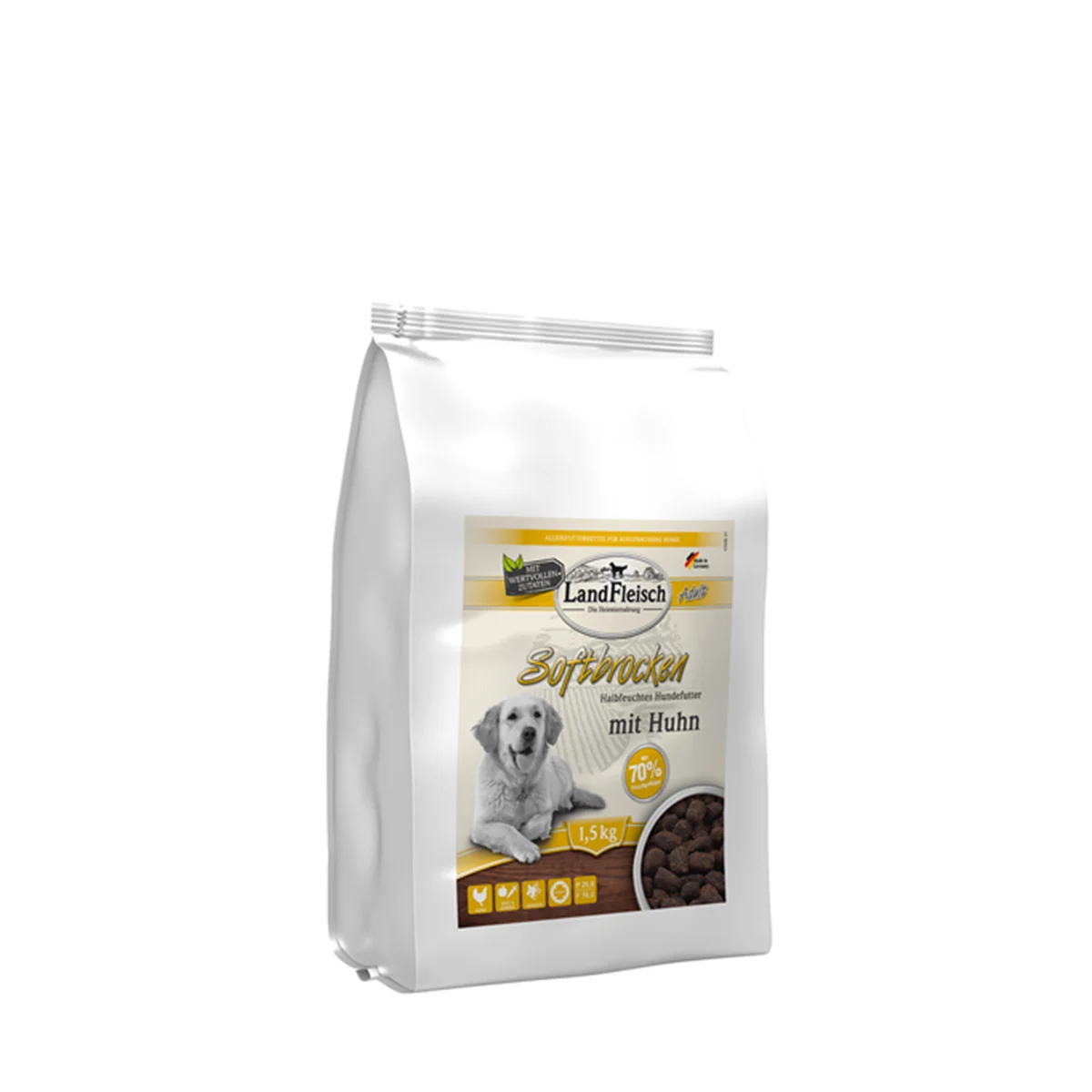 Leckeres Softfutter für Hunde mit 70 % frischem Geflügelfleisch.