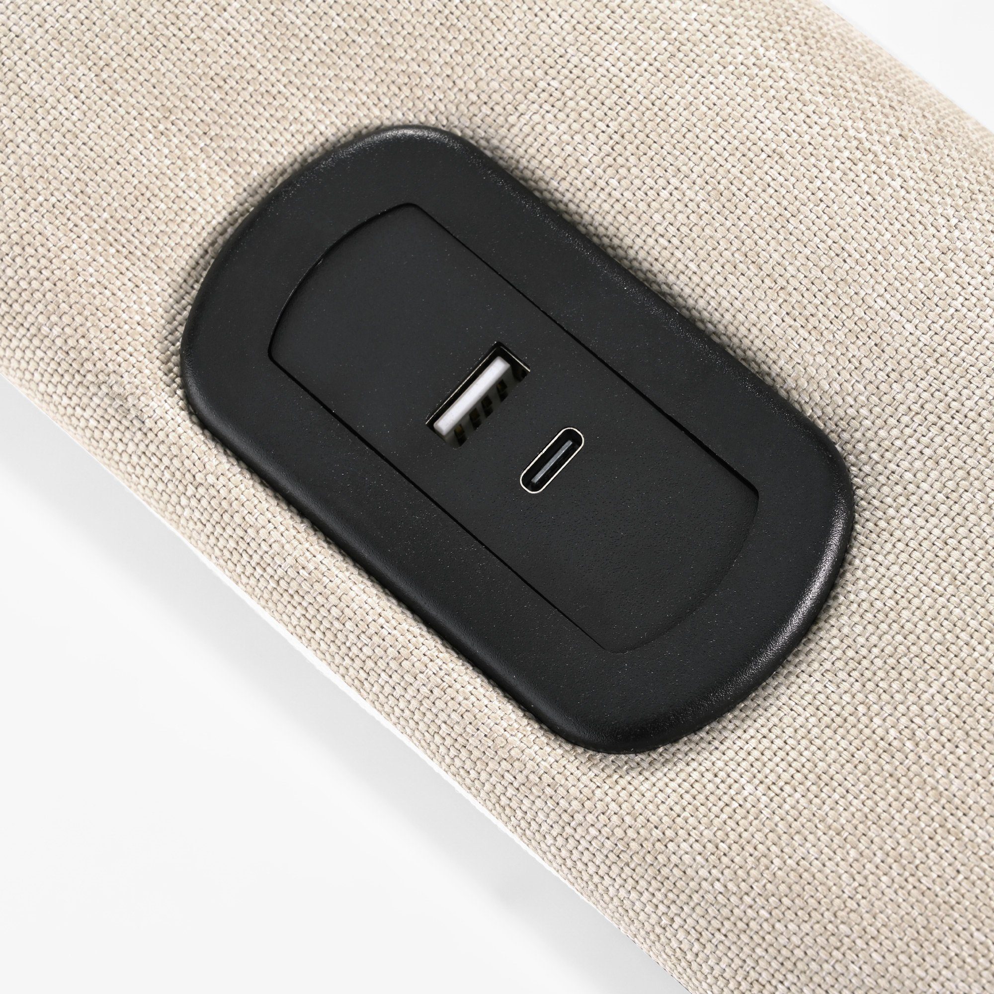 Flieks Polsterbett, LED Doppelbett Stauraumbett + USB/Typ-C Ladefunktion 140x200cm Leinen