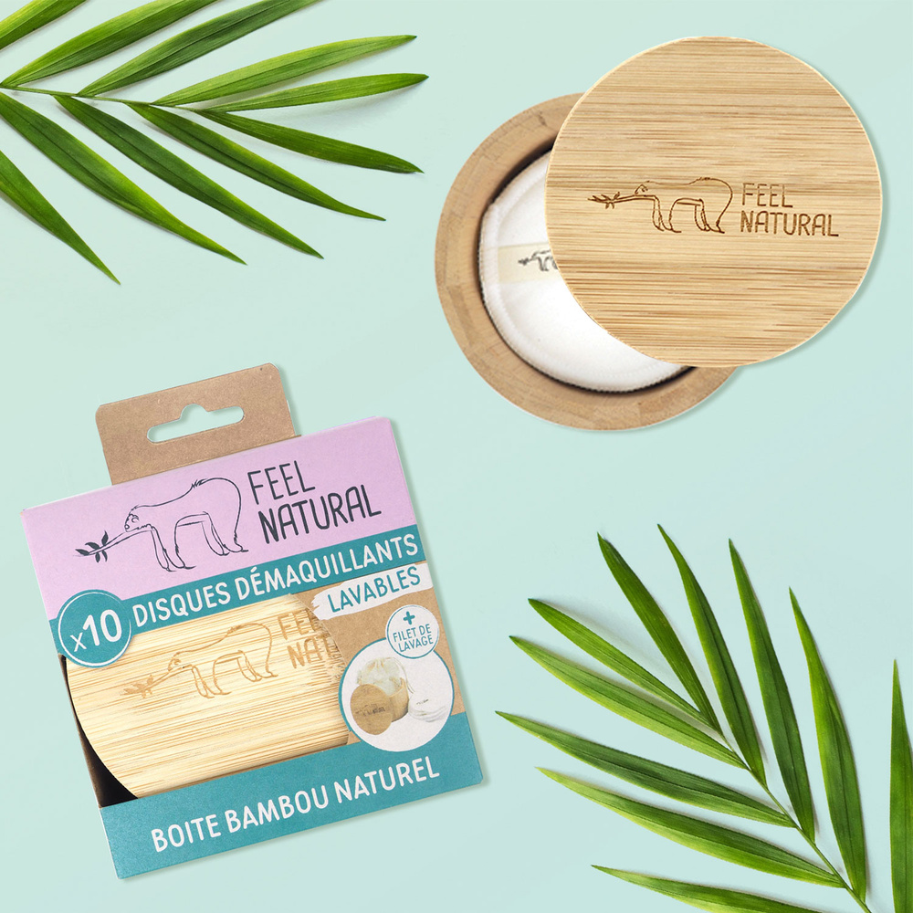 feel natural Boîte Bambou + 10 disques démaquillantset filet de lavage Disques démaquillants
