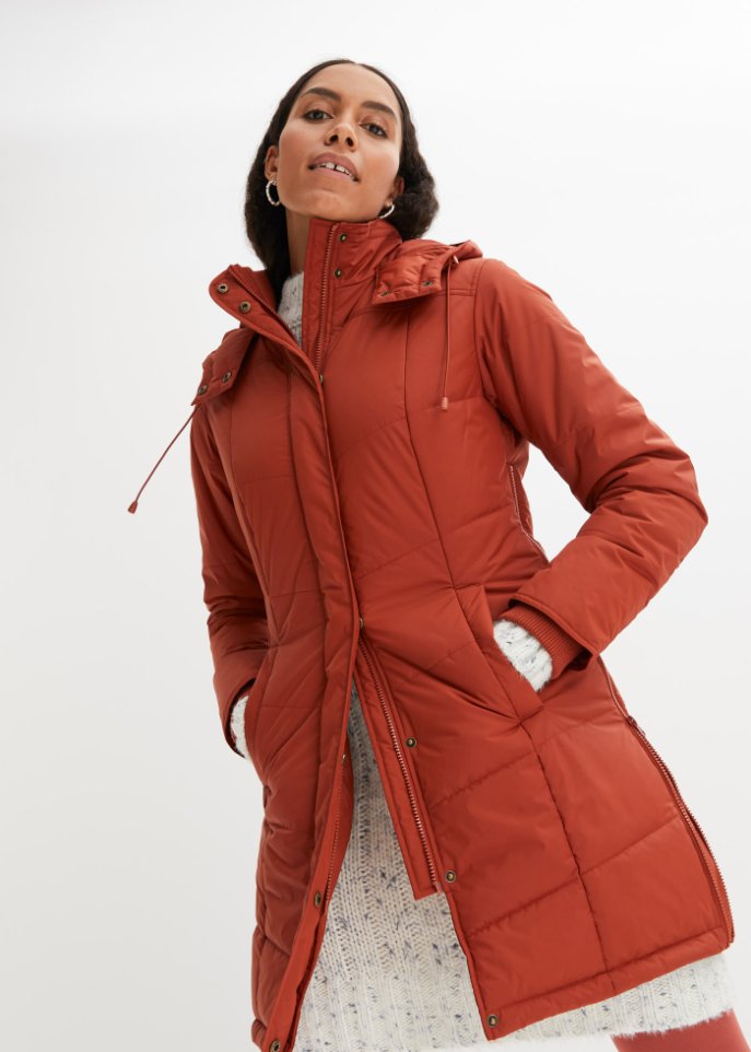 Long-Steppjacke, wattiert mit Kragen und Kapuze