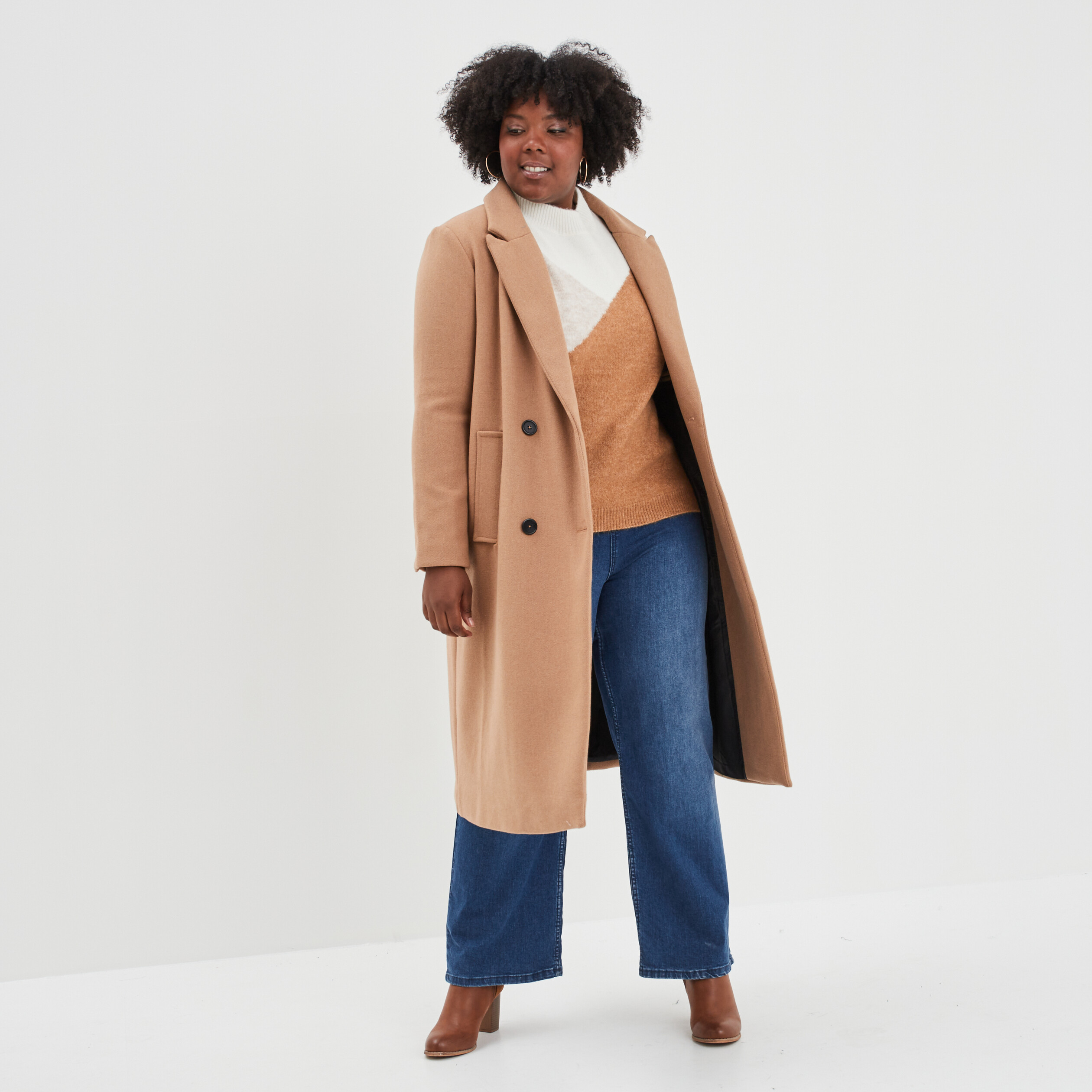 Pull col montant manches longues beige femme grande taille | La Halle