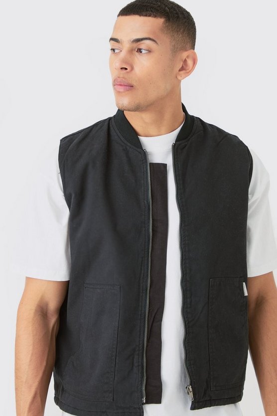 Schwarze Twill Weste mit Man-Etikett und Reißverschluss