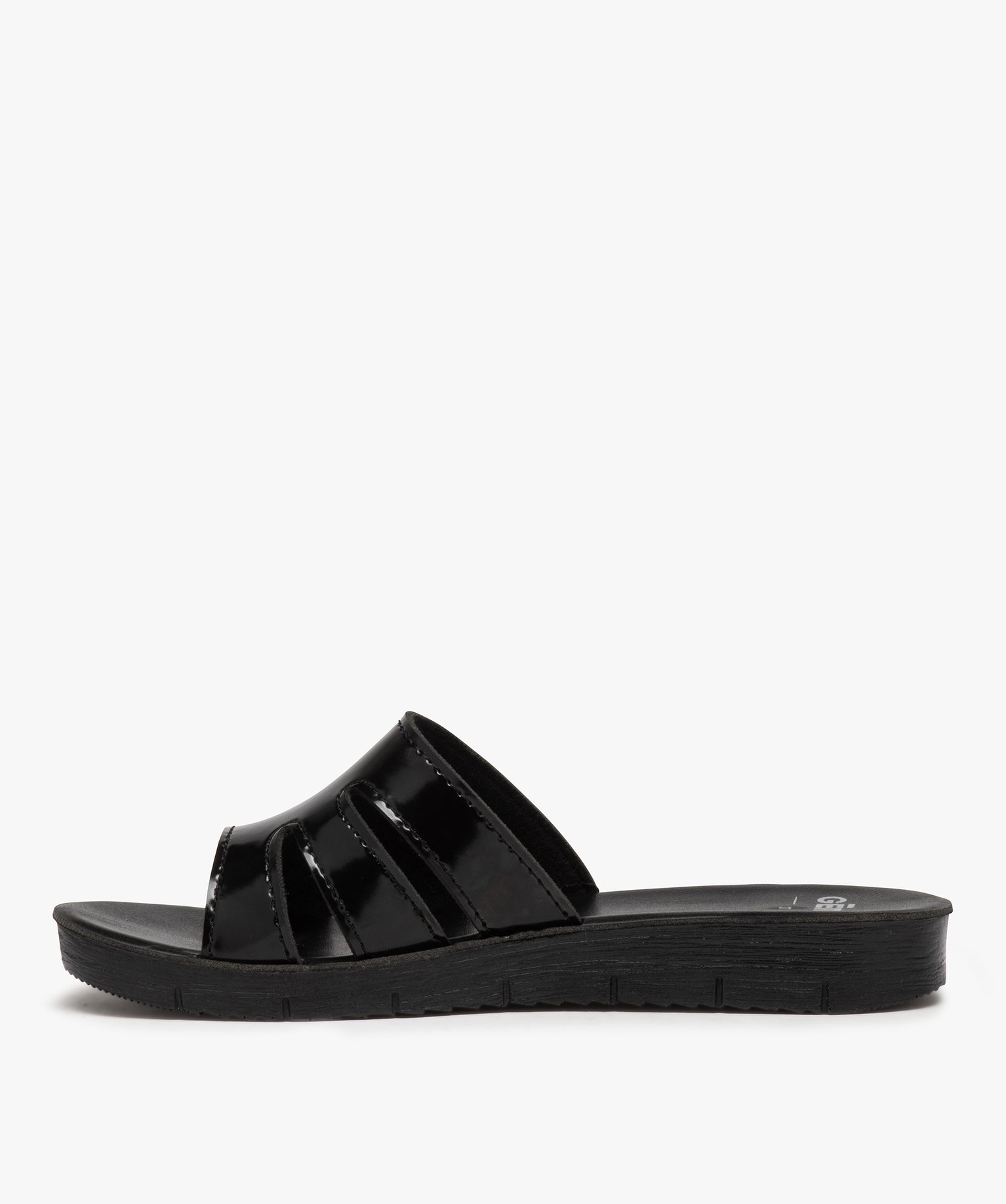 Mules femme à talon plat unies et bride vernie noir | GEMO