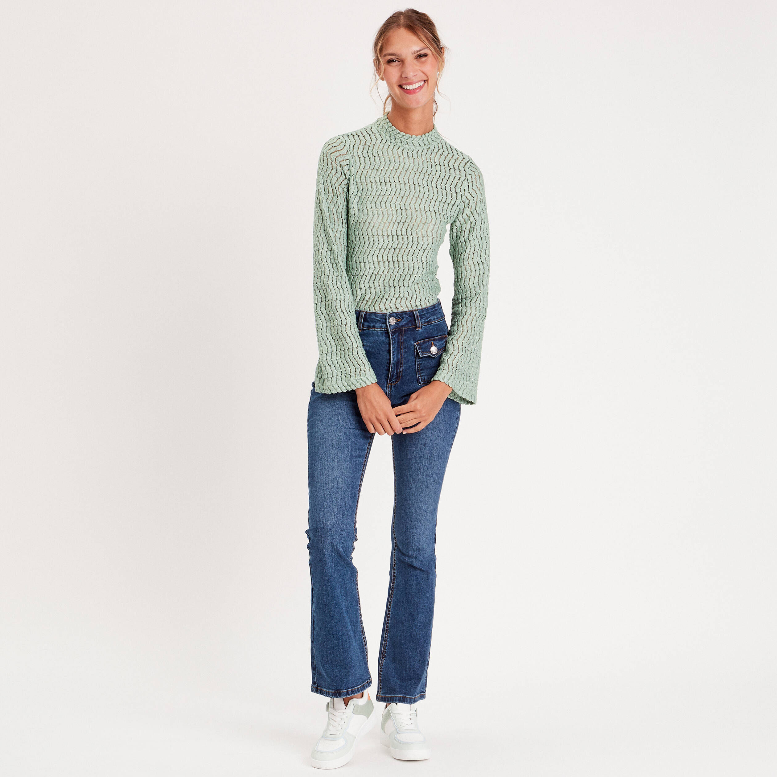 T-shirt ajouré col montant vert pastel femme | Cache Cache