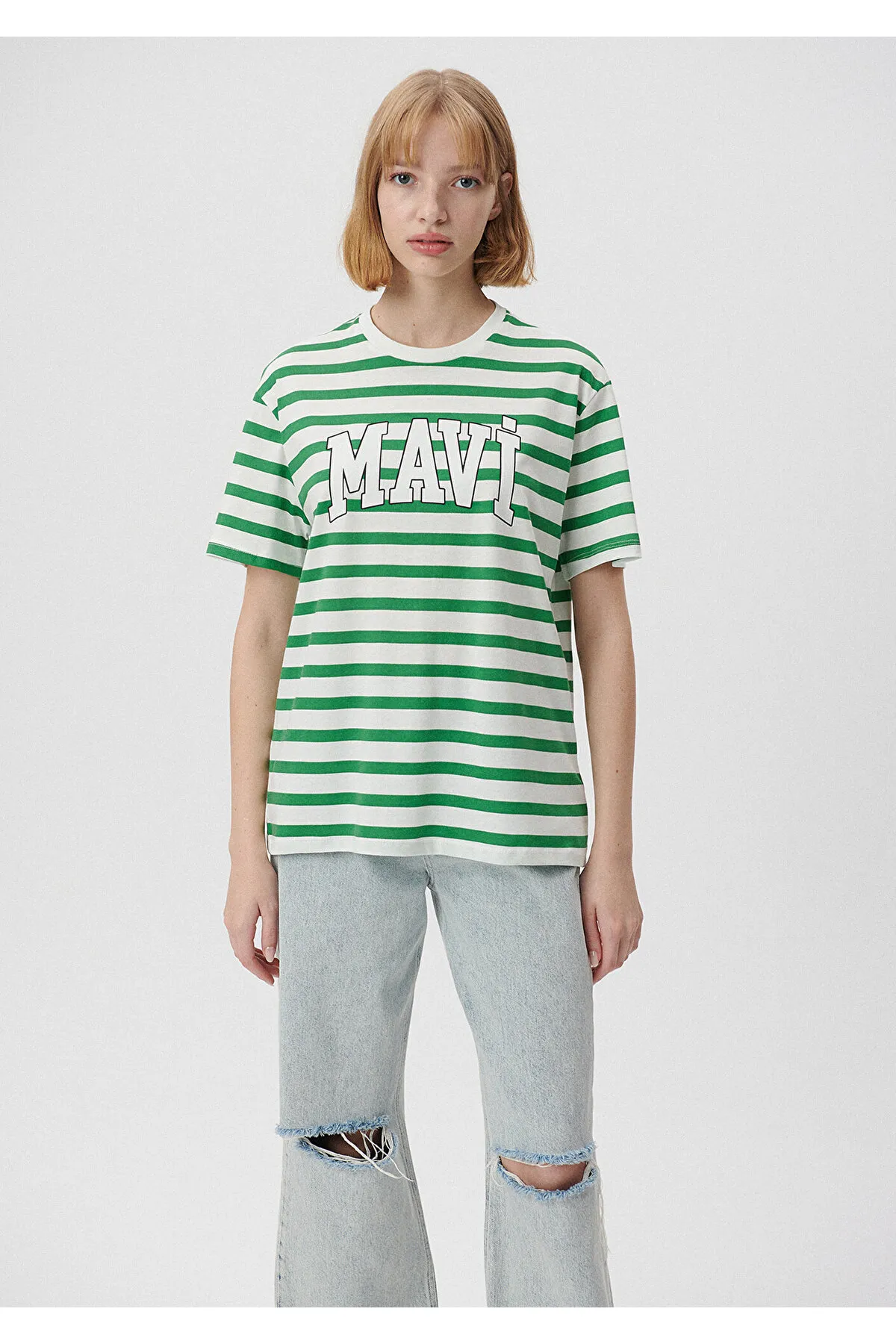 Mavi  Grün gestreiftes T-Shirt mit Logodruck, normale Passform / normaler Schnitt 1611360-84477