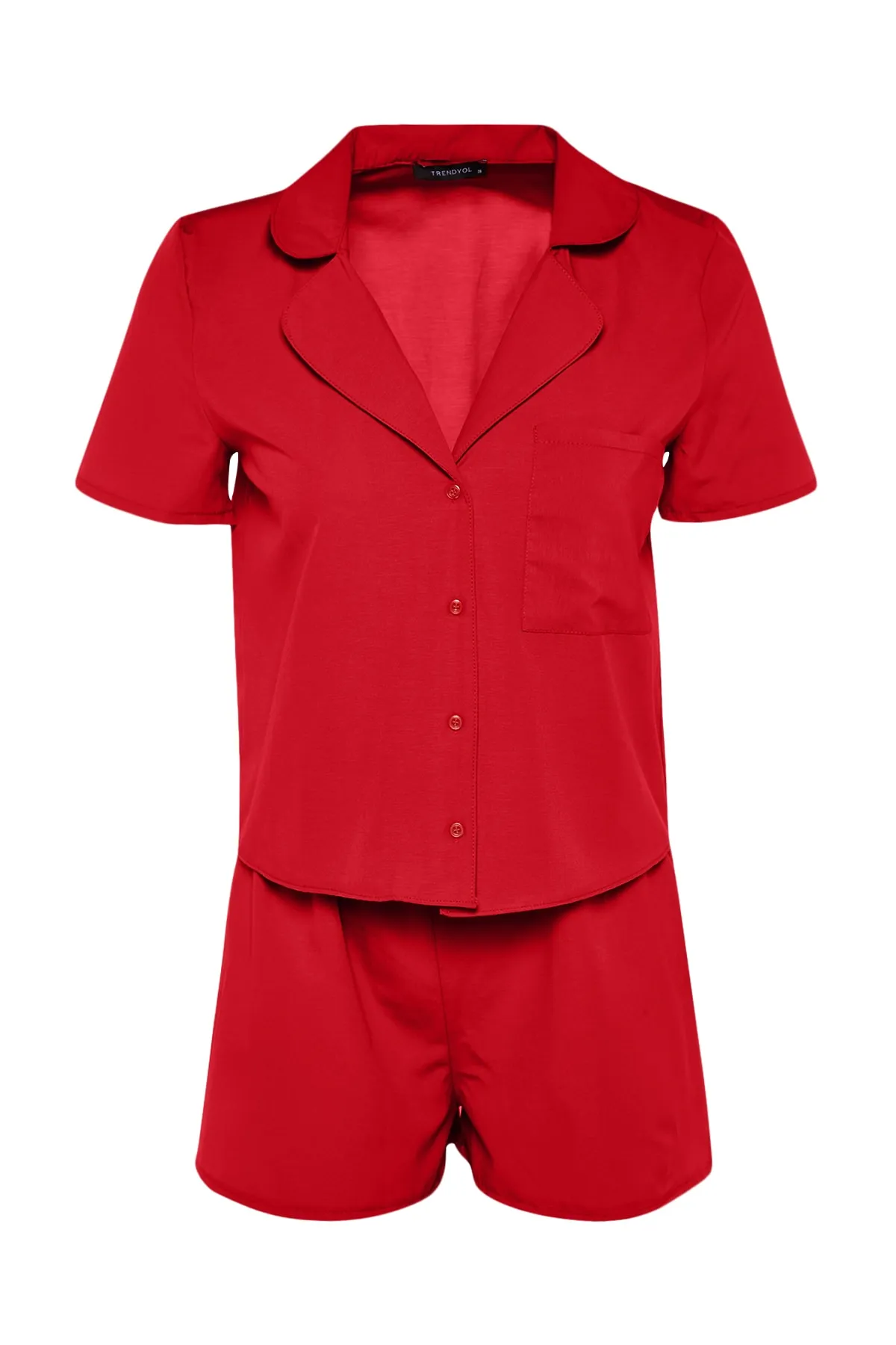 Trendyol Collection  Dunkelrotes, gewebtes Pyjama-Set mit Hemd und Shorts aus Frottee-Baumwolle THMSS23PT00132