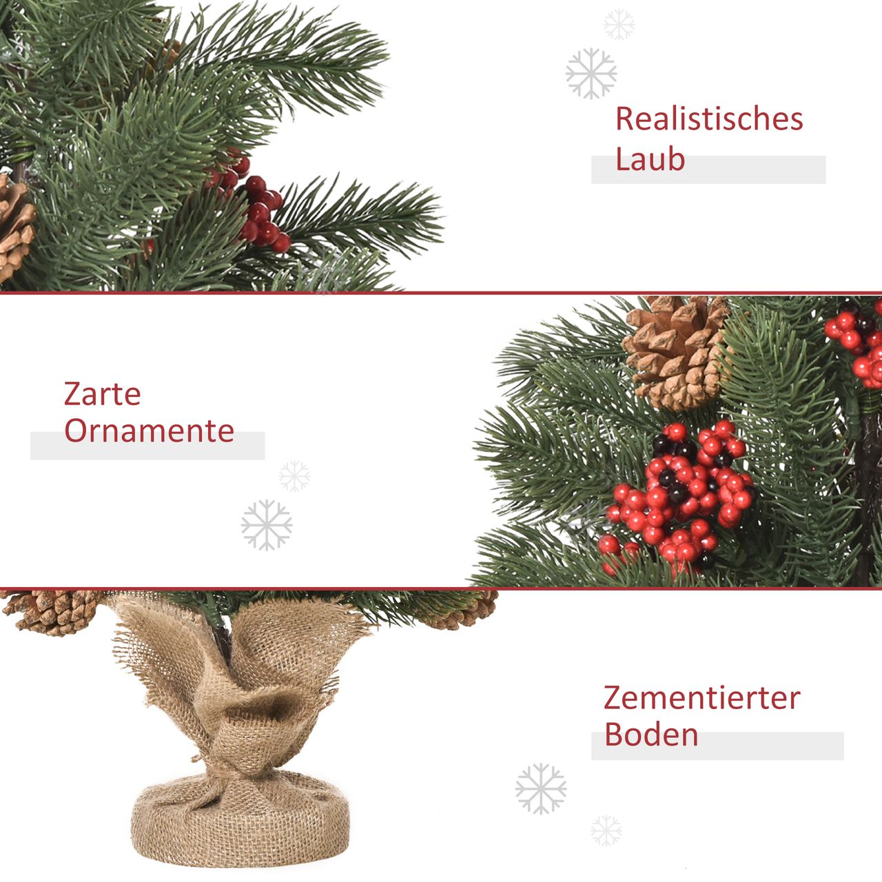 HOMCOM Weihnachtsbaum 50 cm Christbaum mit 4 roten Beeren und 4 Tannenzapfen Kunsttanne 55 Zweige Stabiler und haltbarer Sockel für Tisch und Schreibtisch PE Zement Sackleinen Grün Ø28 x 50 cm