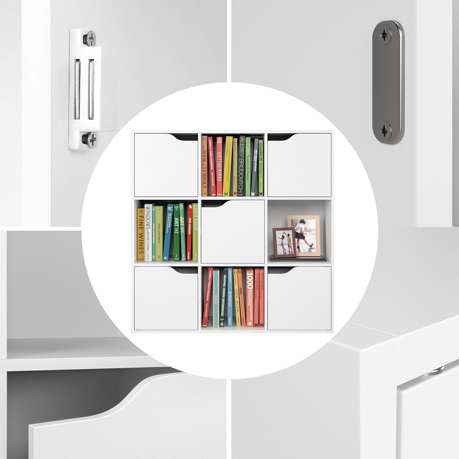 Homfa Bücherregal, Standregal, Raumteiler mit 9 Fächern 5 Türen, Weiß