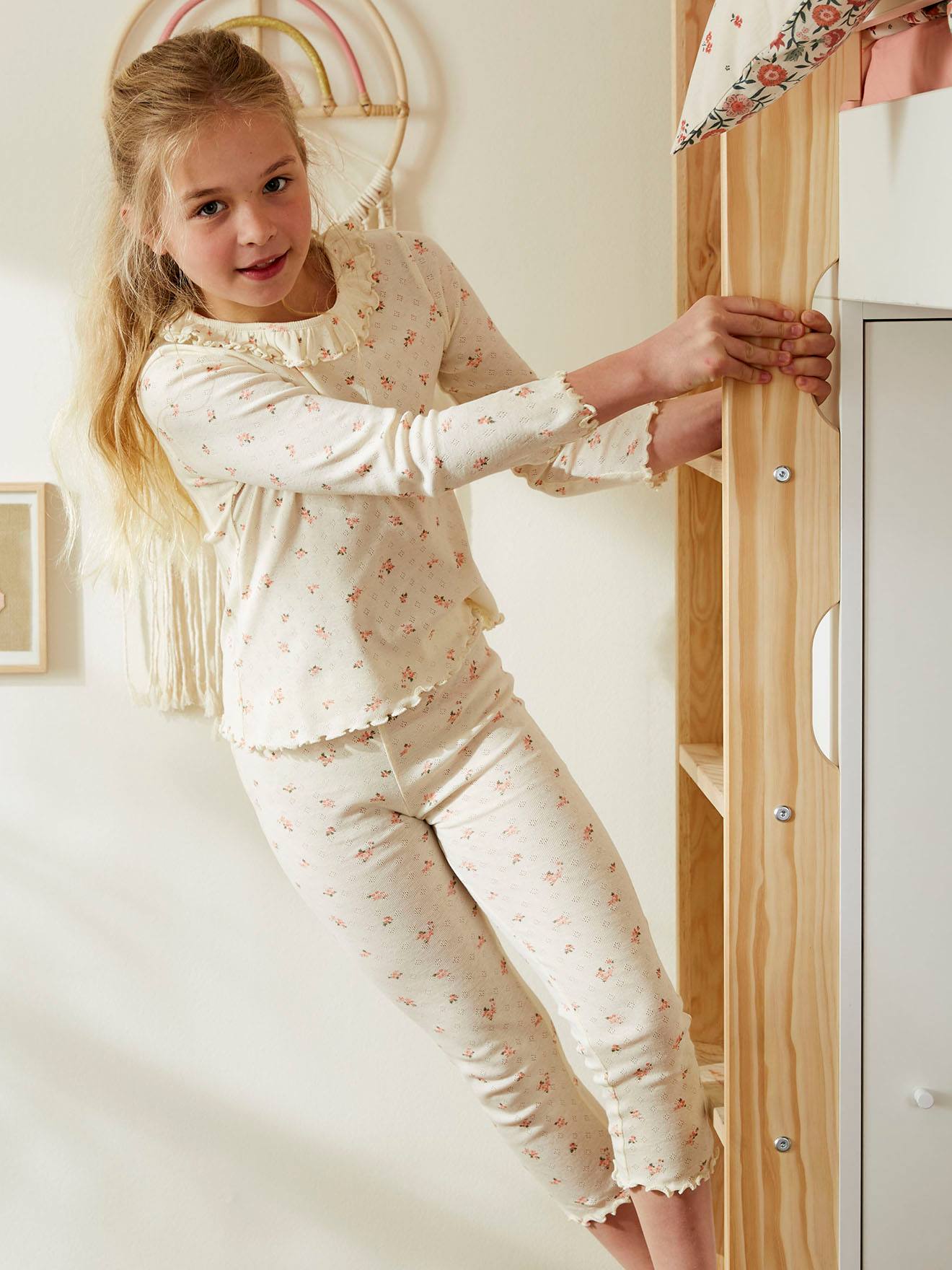 Pyjama fille en maille ajourée avec imprimé fleuri écru