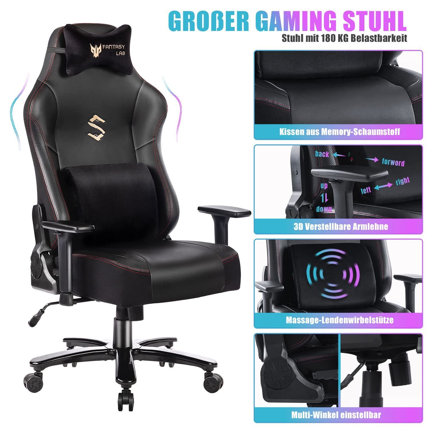 suptek Gaming-Stuhl Ergonomischer XL Gaming Stuhl mit Massagefunktion (180KG Belastbar, Verstellbare 3D-Armlehnen, Große Sitzfläche), Ergonomischer Gaming Sessel, 180 kg Belastbarkeit