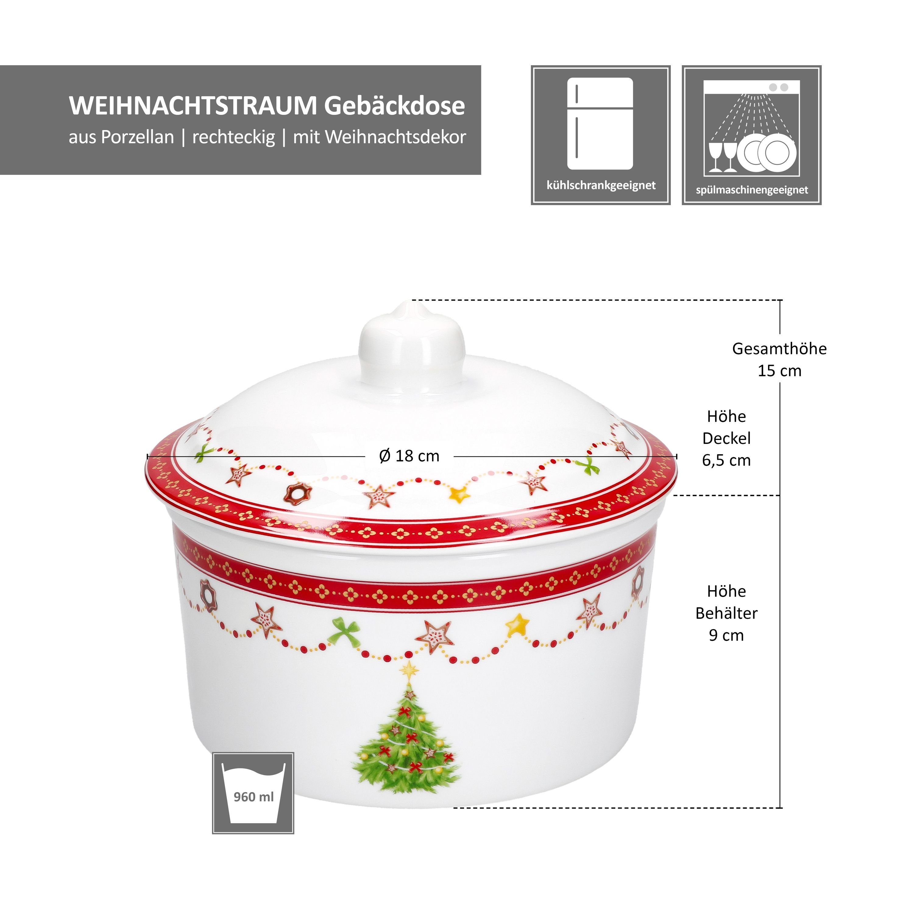 MamboCat Vorratsglas Weihnachtstraum Gebäckdose 960ml rund Porzellan Weihnachten Keks-Box, Porzellan
