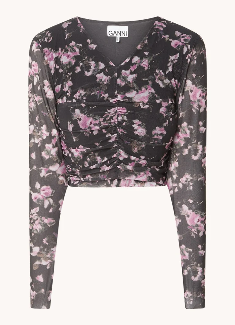 Poloprůhledný síťovaný crop top Ganni s potiskem