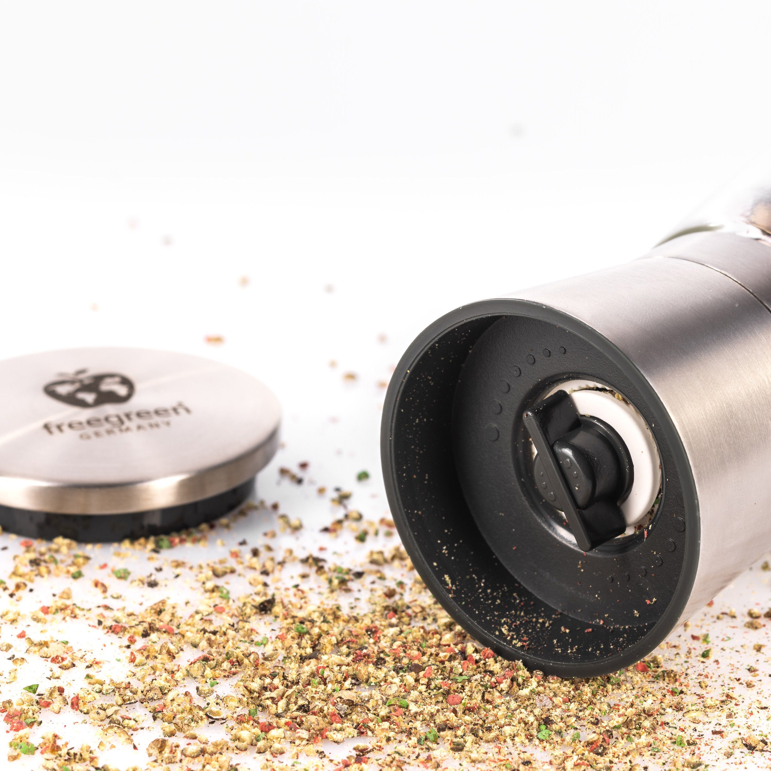 freegreen® Gewürzmühle PREMIUM Salz und Pfeffermühle 14cm 2er Set + Clean Eating Kochbuch Manuell für ein einzigartig gleichmäßiges Mahlergebnis!, mit verstellbarem Keramik-Mahlwerk und Geschenkverpackung