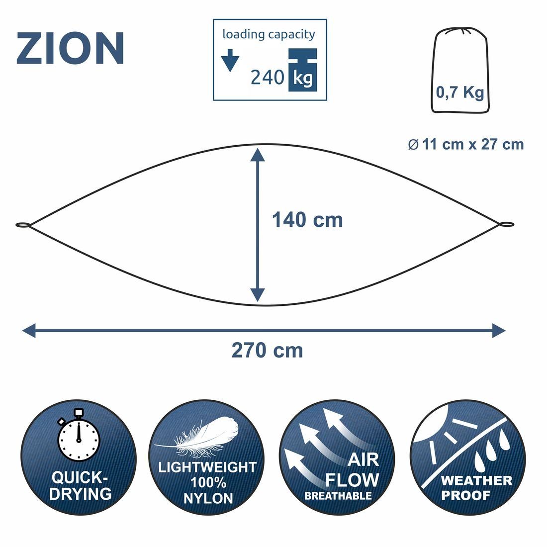 yourGEAR Hängematte yourGEAR Zion ultraleichte Hängematte 270 x 140cm Nylon 60g/m² 240kg