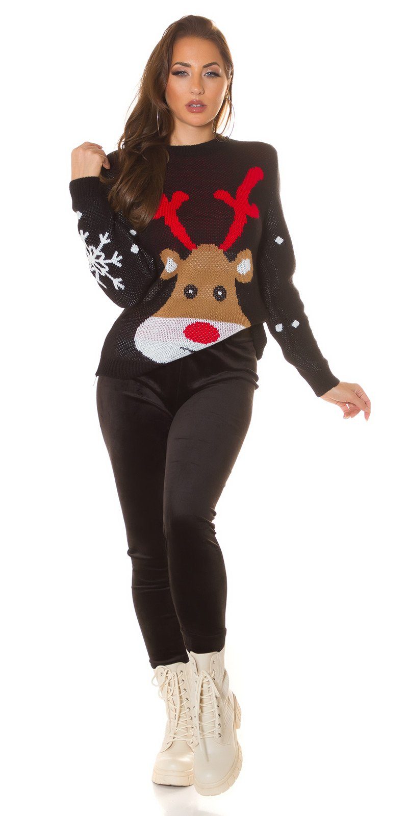 Koucla Weihnachtspullover Strickpullover mit Rundhalsausschnitt und Rentier-Motiv