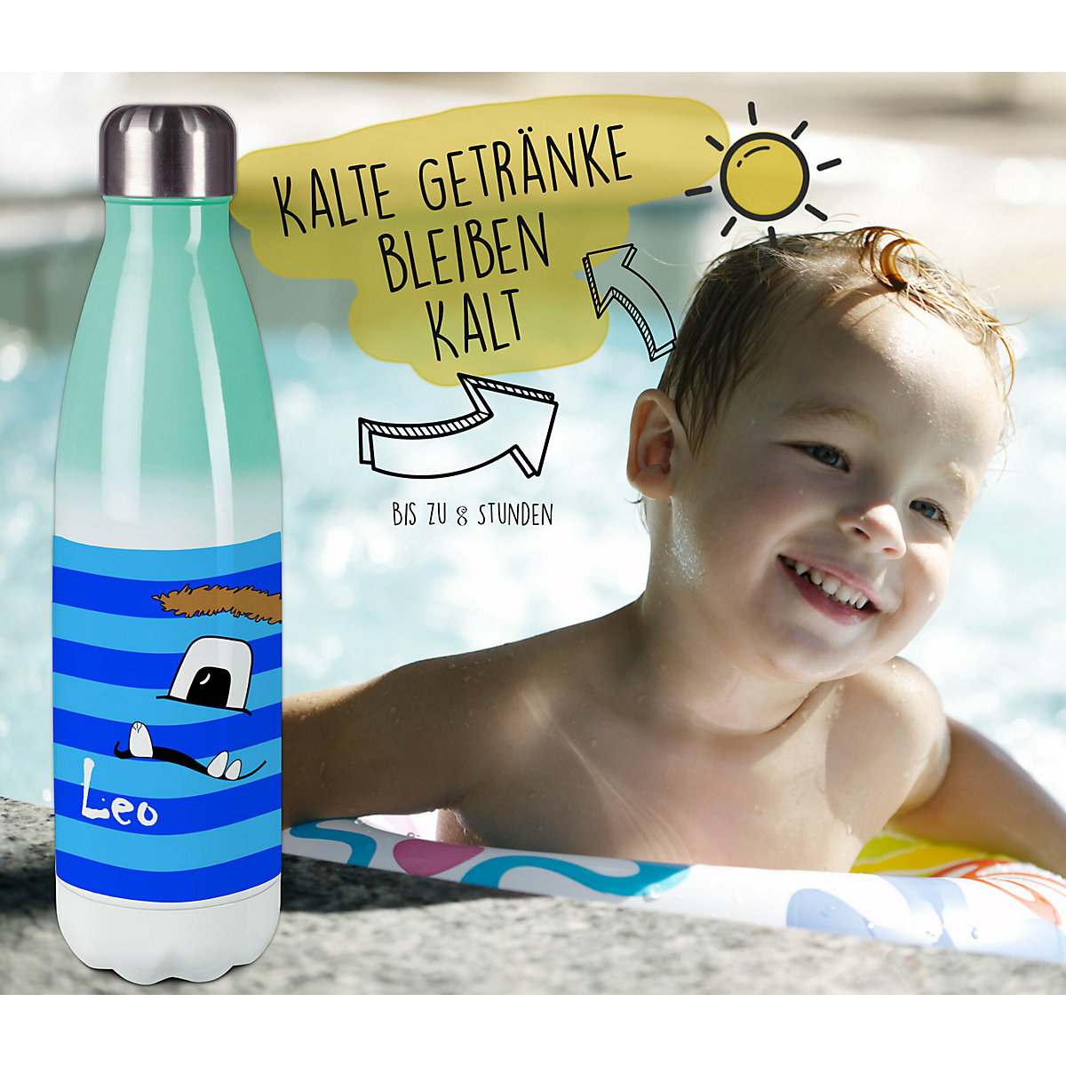 Edelstahl Kinder Thermoflasche / Trinkflasche bunt Monster Streifen Farbe blau Spülmaschinenfest, Auslaufsicher, Bruchfest, Doppelwandig, Für Heißgetränke geeignet, Mit Deckel, Isoliert