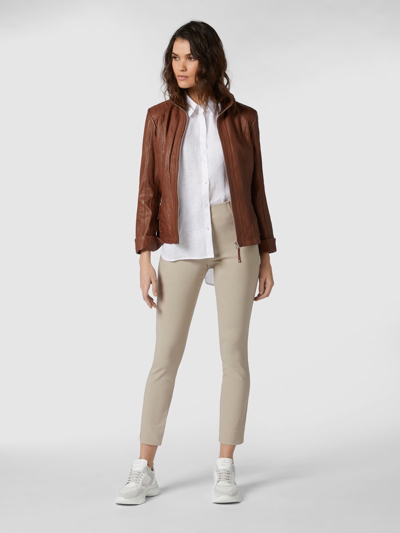 Lederjacke mit variablem Stehkragen in cognac