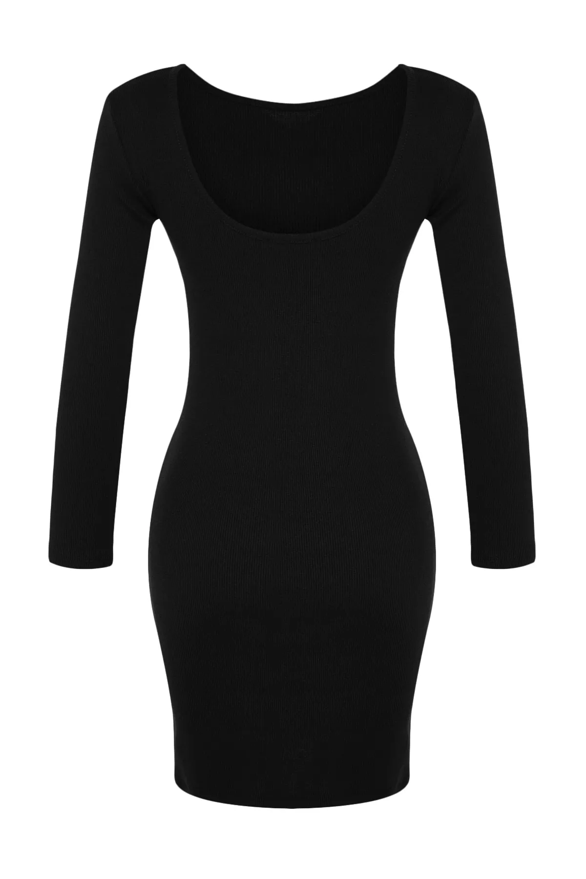 Trendyol Collection  Schwarzes, geripptes, figurbetontes Mini-Stretch-Strickkleid mit Rundhalsausschnitt und detailliertem Rundhalsausschnitt TWOAW24EL00390