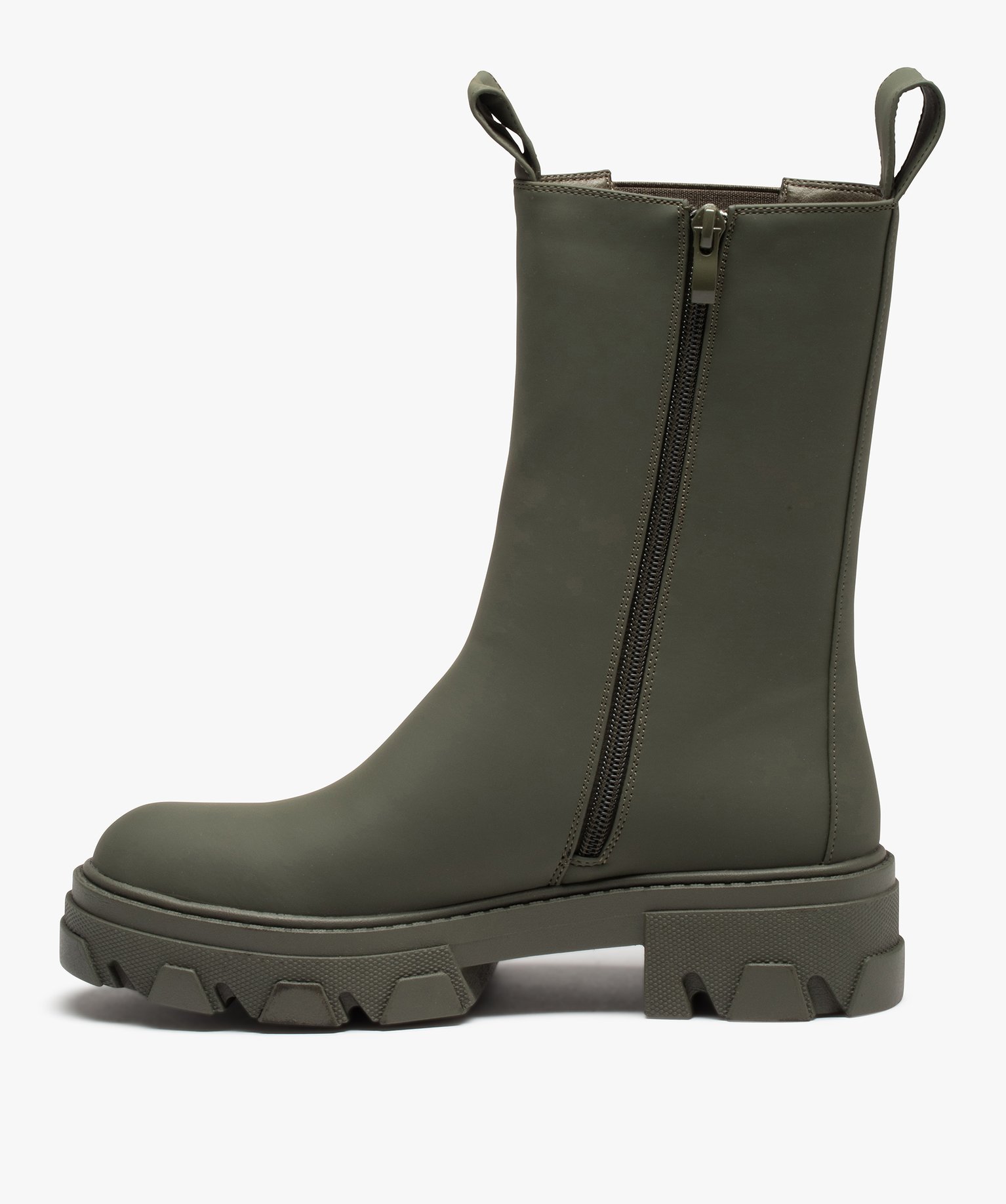 Boots femme Chelsea unies à semelle épaisse et crantée kaki | GEMO