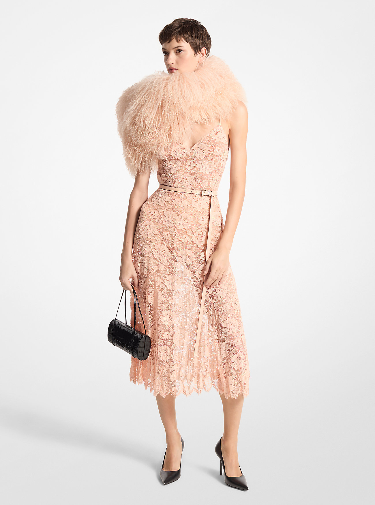Crushed Floral Lace Slip Dress - SHELL
