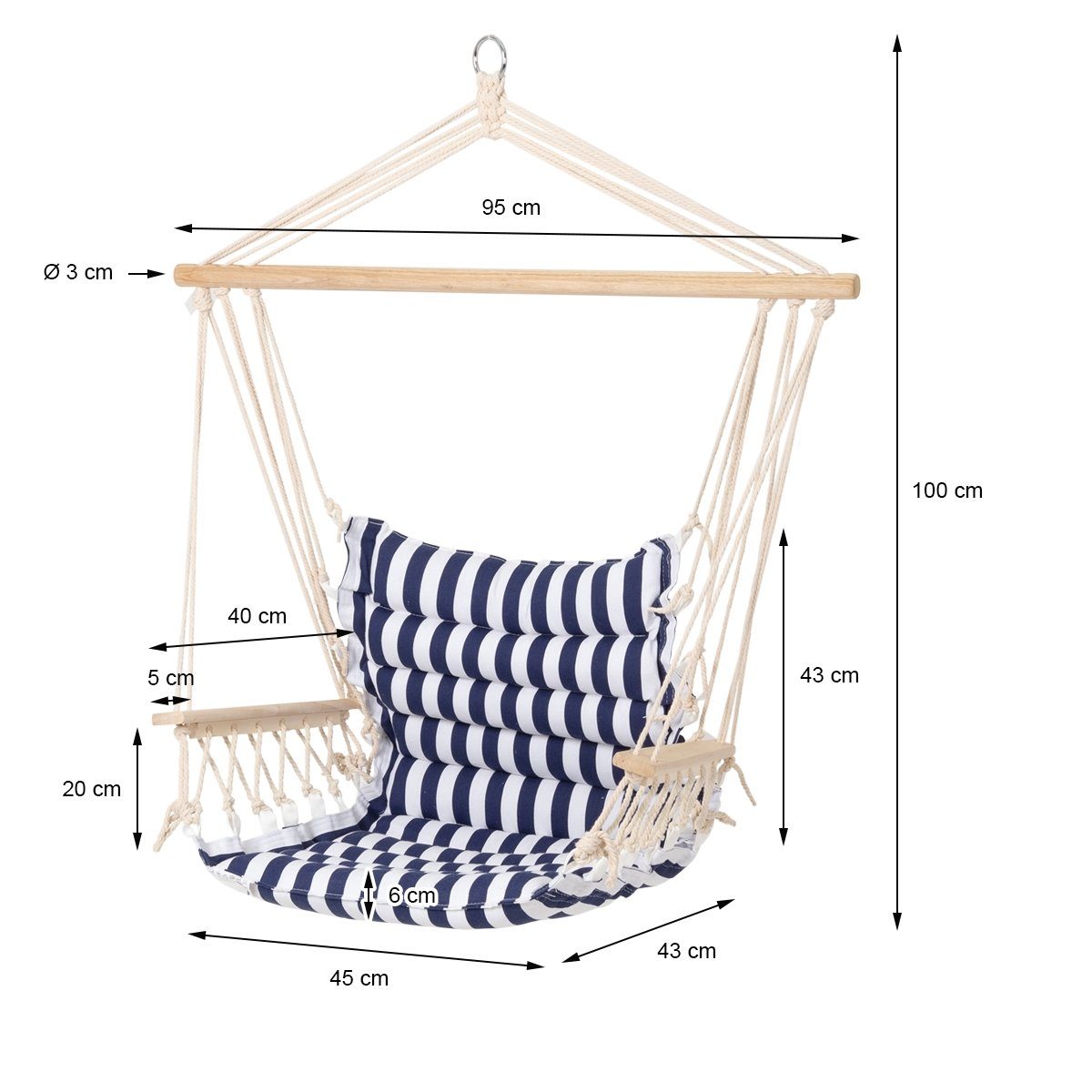 ECD Germany Hängesessel Design Hängesessel Hängestuhl Hängematte Hängesitz, Baumwolle Armlehnen/Querstab Holz belastbar bis 120kg Blau/Weiß