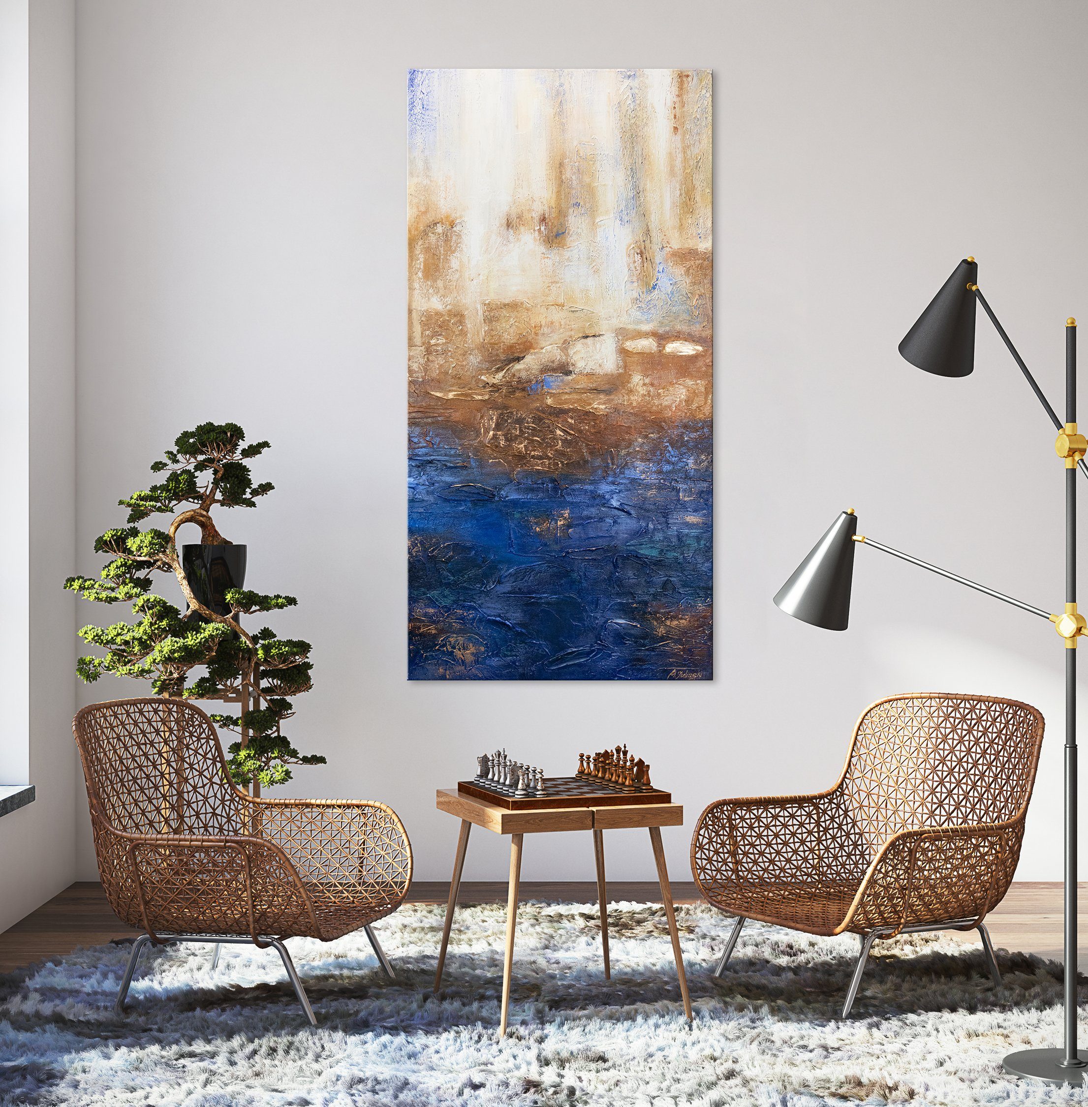 YS-Art Gemälde Marine II, Abstrakte Bilder, Vertikales Leinwand Bild Handgemalt Blau Gold Abstrakt
