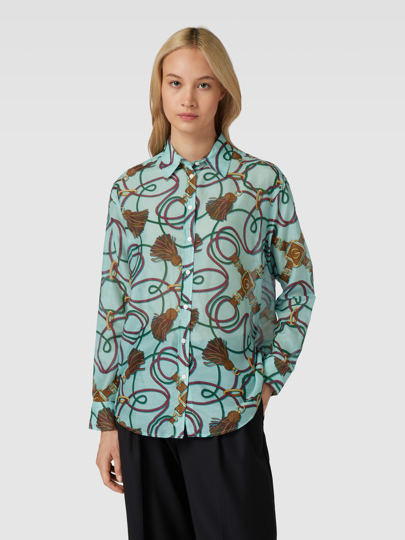 Bluse aus Baumwoll-Seide-Mix mit Allover-Muster in aqua blau