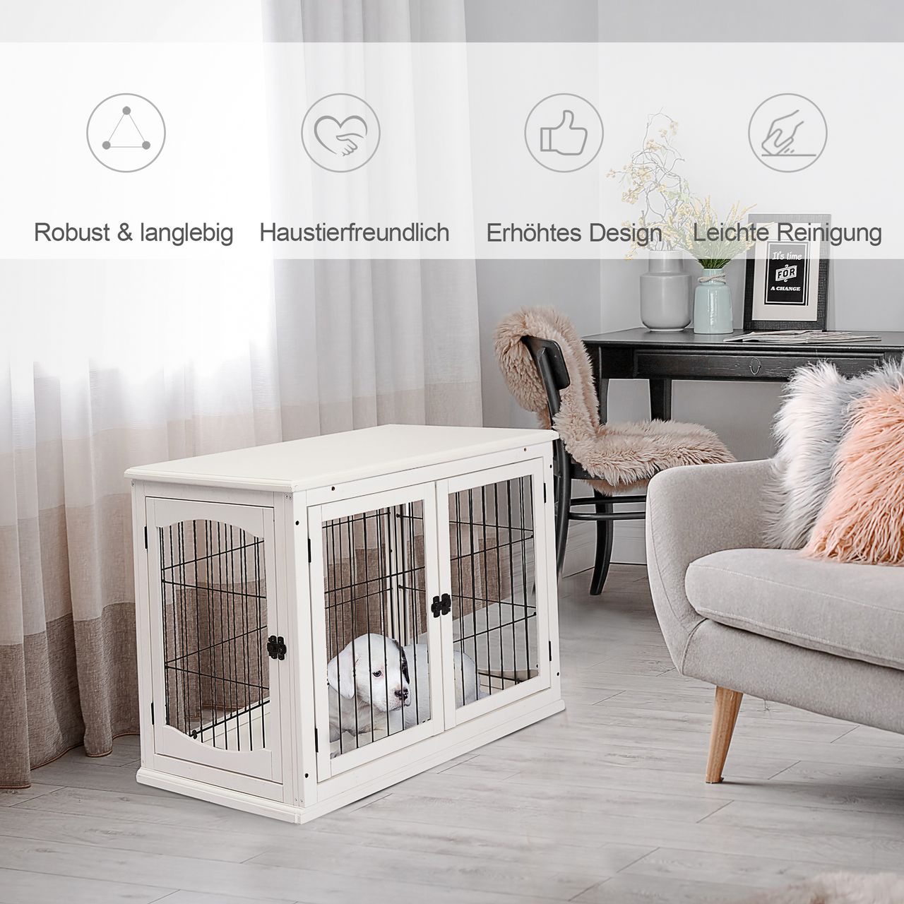 PawHut Hundehütte mit Tischoberfläche, Hundebox für innen, Hundekäfig für Zuhause, 2 Türen, Tierkäfig, Haustier, MDF, Metall, Weiß, 81 x 58,5 x 66 cm