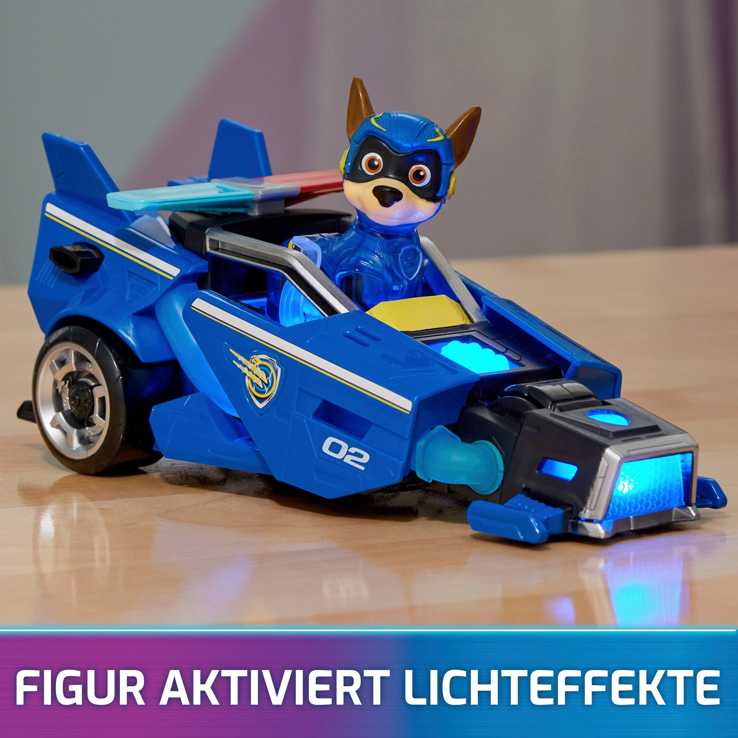 Spin Master Spielzeug-Auto PAW Patrol, Der Mighty Kinofilm: Superhelden-Basis-Fahrzeug von Chase, Polizeiauto mit Welpenfigur, Licht- und Soundeffekt
