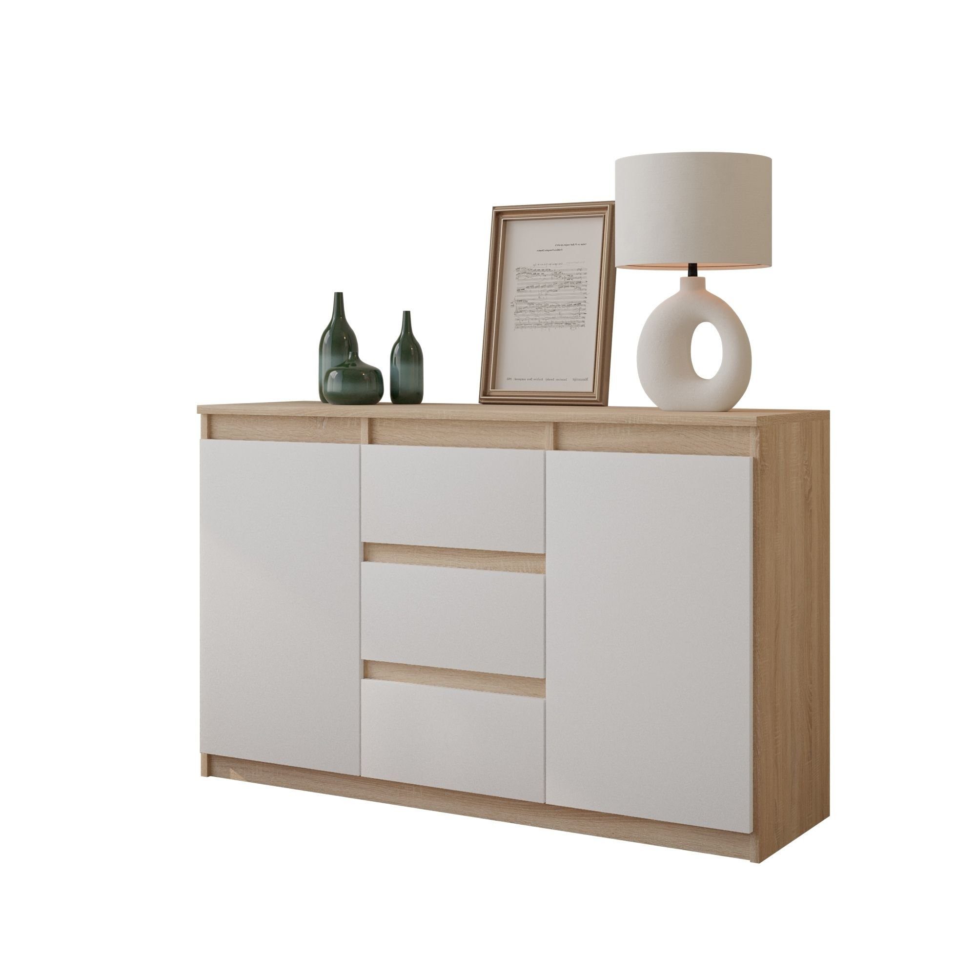 Furnica Kommode MIKEL, 3 Schubladen und 2 Türen - Sonoma Eiche H75cm B120cm T35cm (1 St)