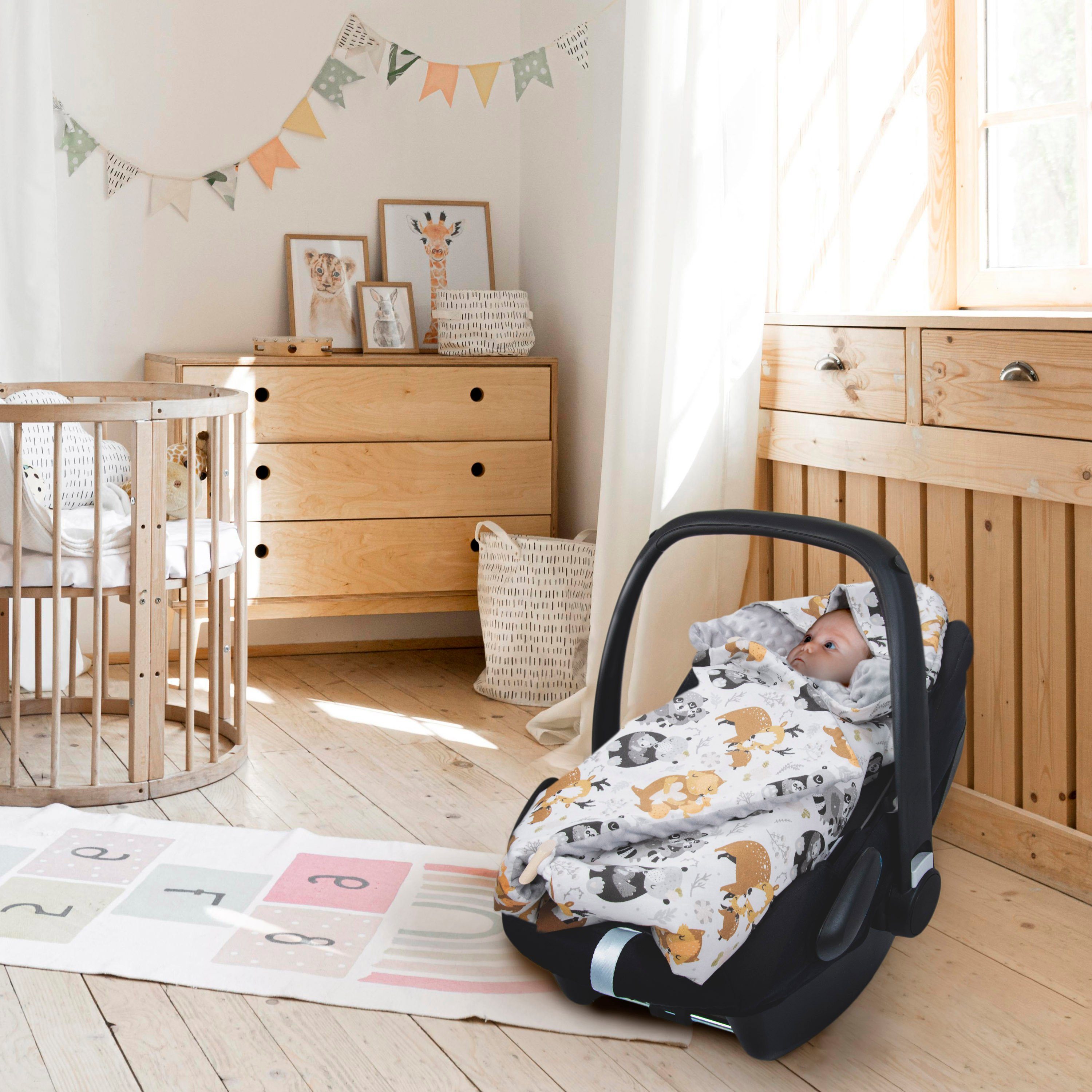 Einschlagdecke (Made in EU) Baby Babydecke, Fußsack, Kuscheldecke mit Kapuze, universal für Babyschale; Autositz; Buggy; Kinderwagen, ca. 90x90 cm, Amilian