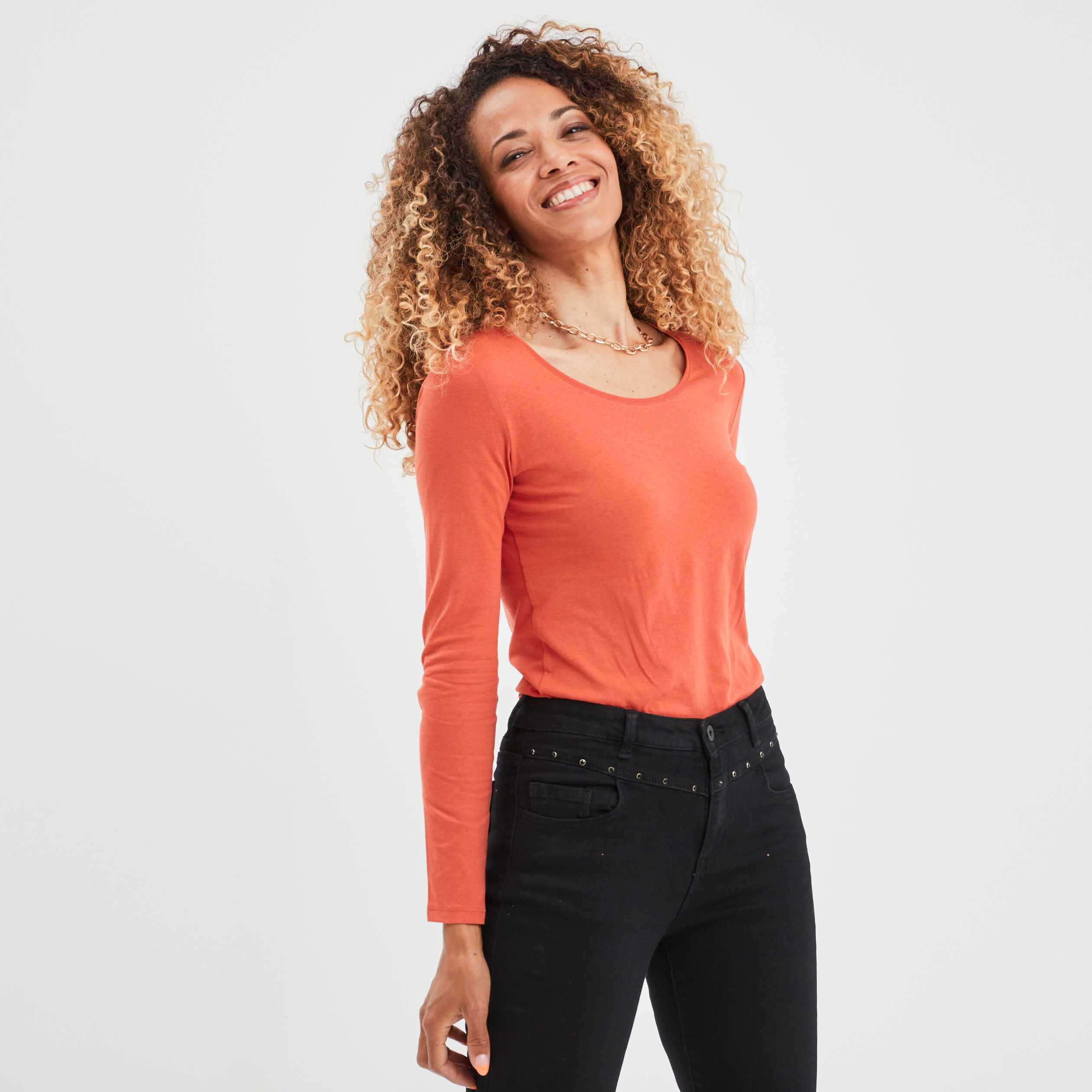T-shirt coton manches longues orange foncé femme | La Halle