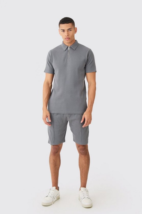 Slim-Fit Poloshirt & Shorts in Waffeloptik