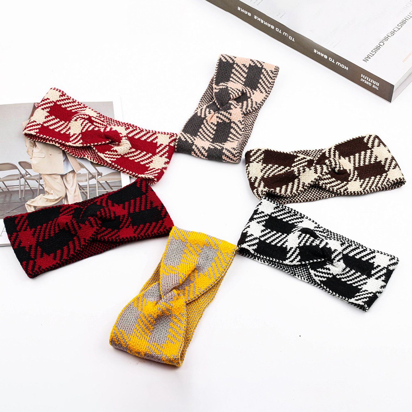 HOHEA H Haarband Winter-Stirnbänder für Damen, rote Stirnbänder, Sport-Stirnbänder, 1-tlg., Gestricktes Stirnband für Mädchen, Ohrenwärmer, weich, Zopfmuster-Stirnband mit Schleife für Damen