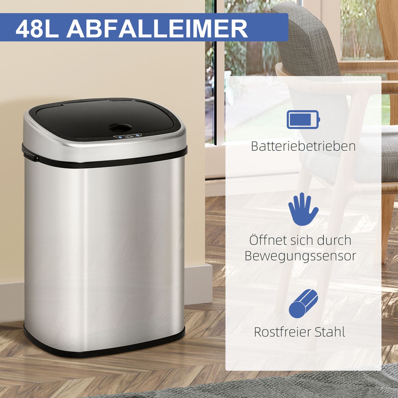 HOMCOM Automatik Mülleimer Abfalleimer mit Infrarotsensor Kücheneimer 48L Silber L40,5 x B29,5 x H57 cm