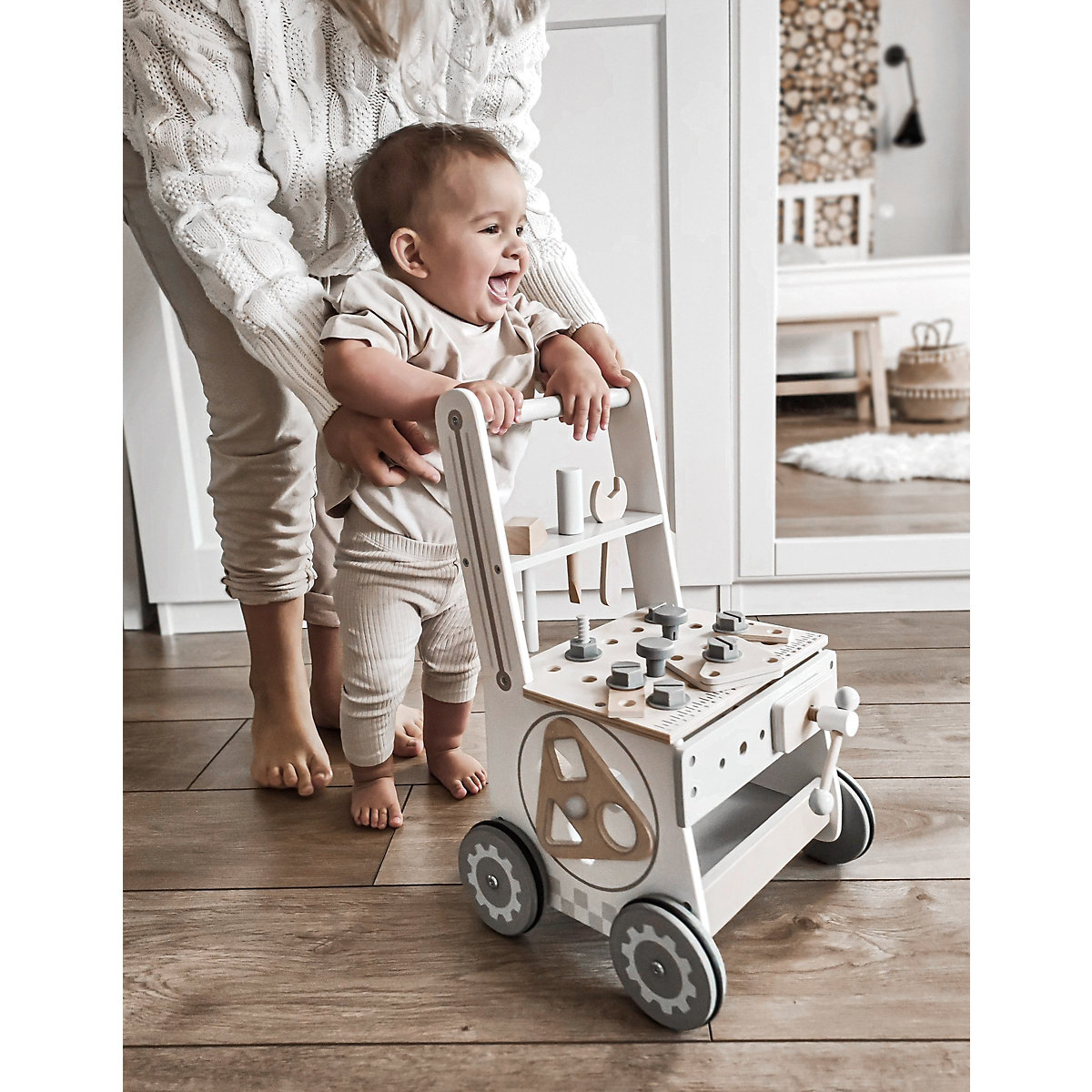 Lauflernwagen aus Holz mit Gummibereifung, Lauflernhilfe-Laufwagen für Kinder, Sortierer, Werkzeugbank für Kinder aus Holz