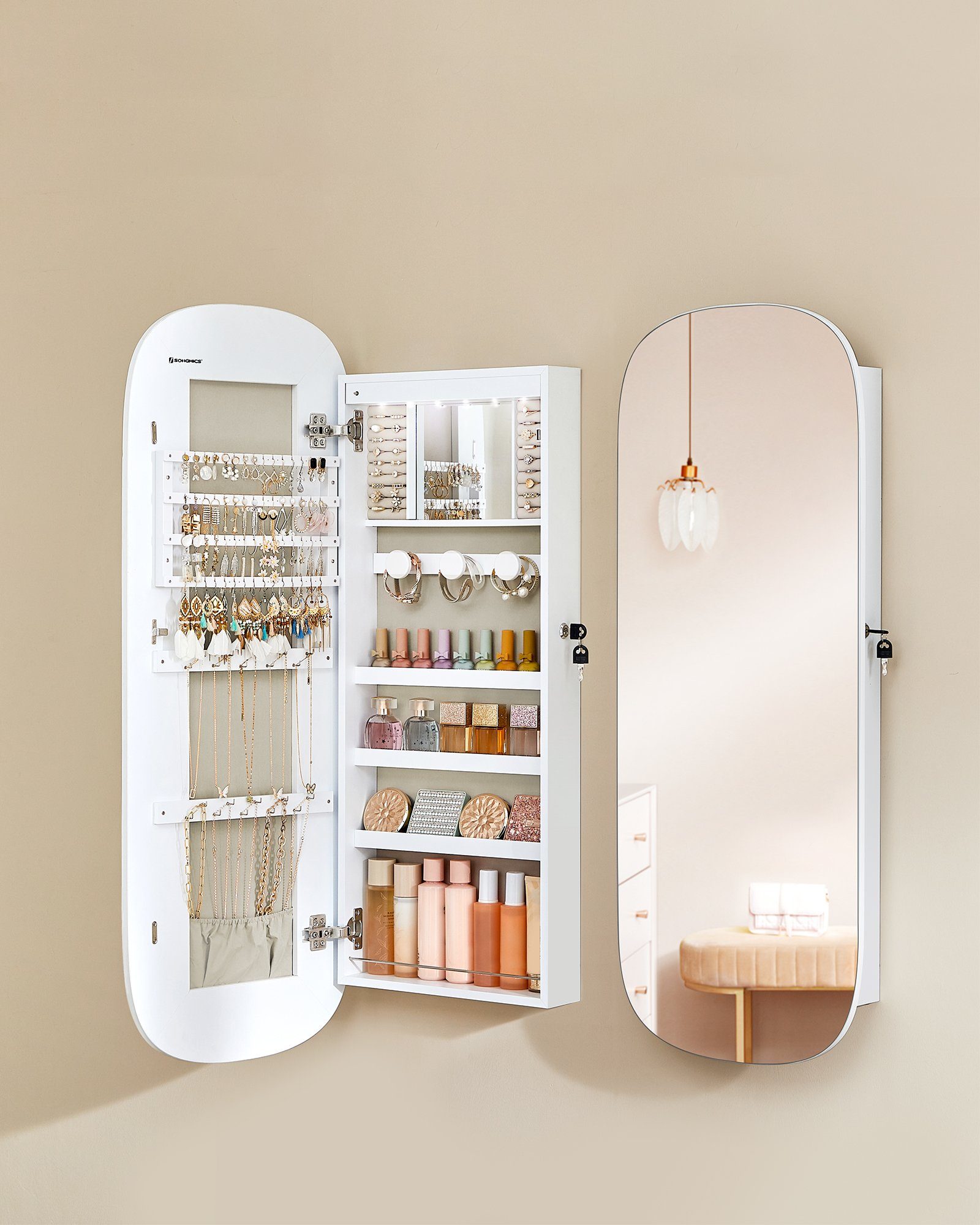 SONGMICS Schmuckschrank Spiegelschrank Wandschrank, mit LED-Beleuchtung