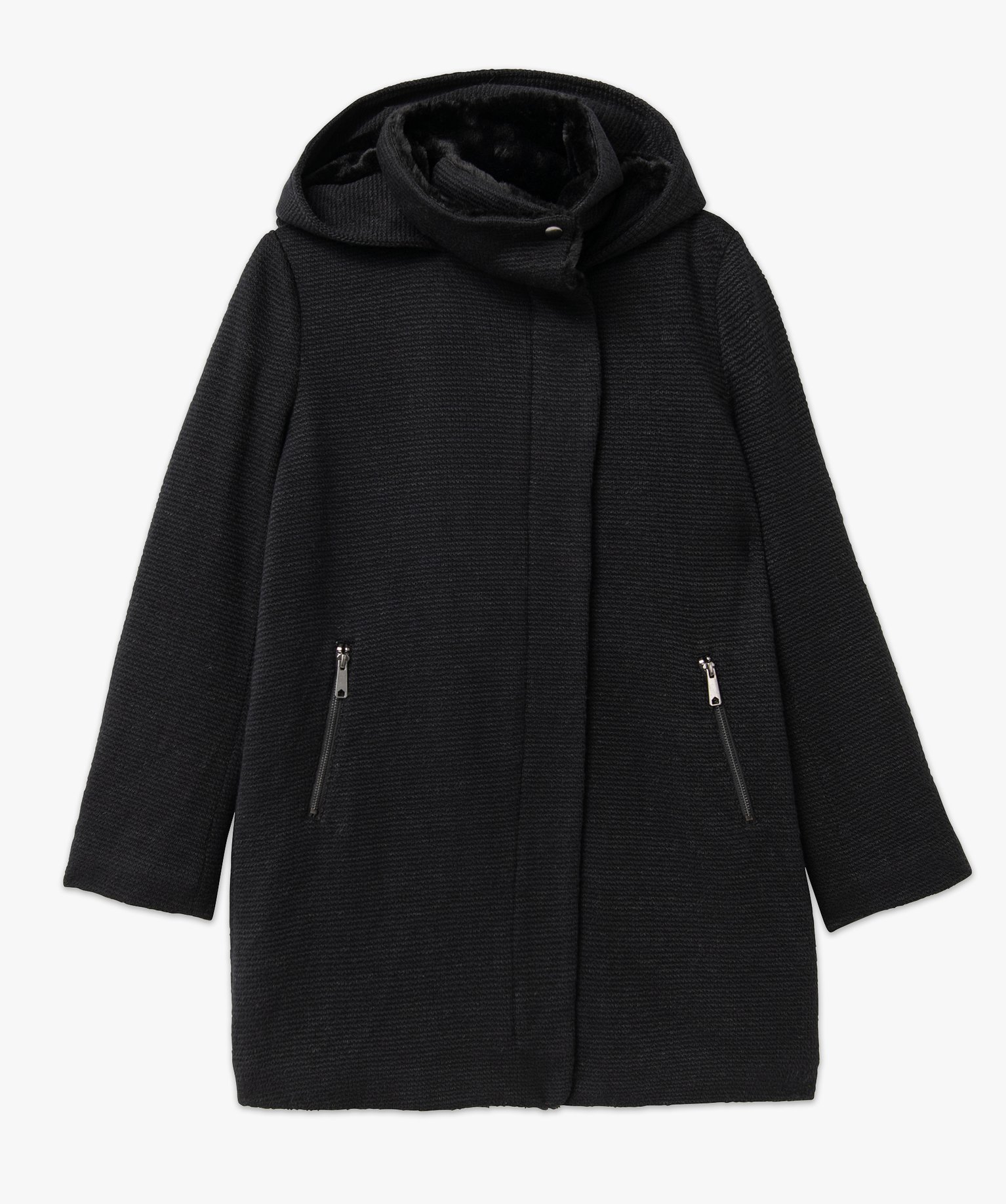 Manteau en maille avec col fourrure imitation femme noir | GEMO